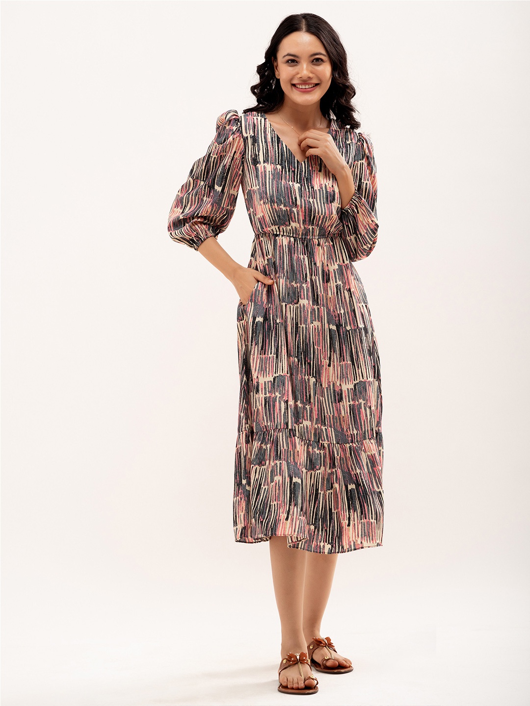 

AASK Abstract Printed Puff Sleeve & Gathered Detailed Fit & Flare Dress, Pink