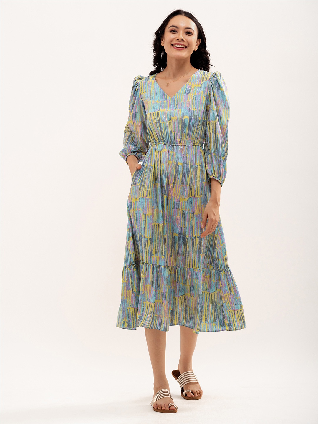 

AASK Abstract Printed Puff Sleeve & Gathered Detailed Fit & Flare Dress, Turquoise blue