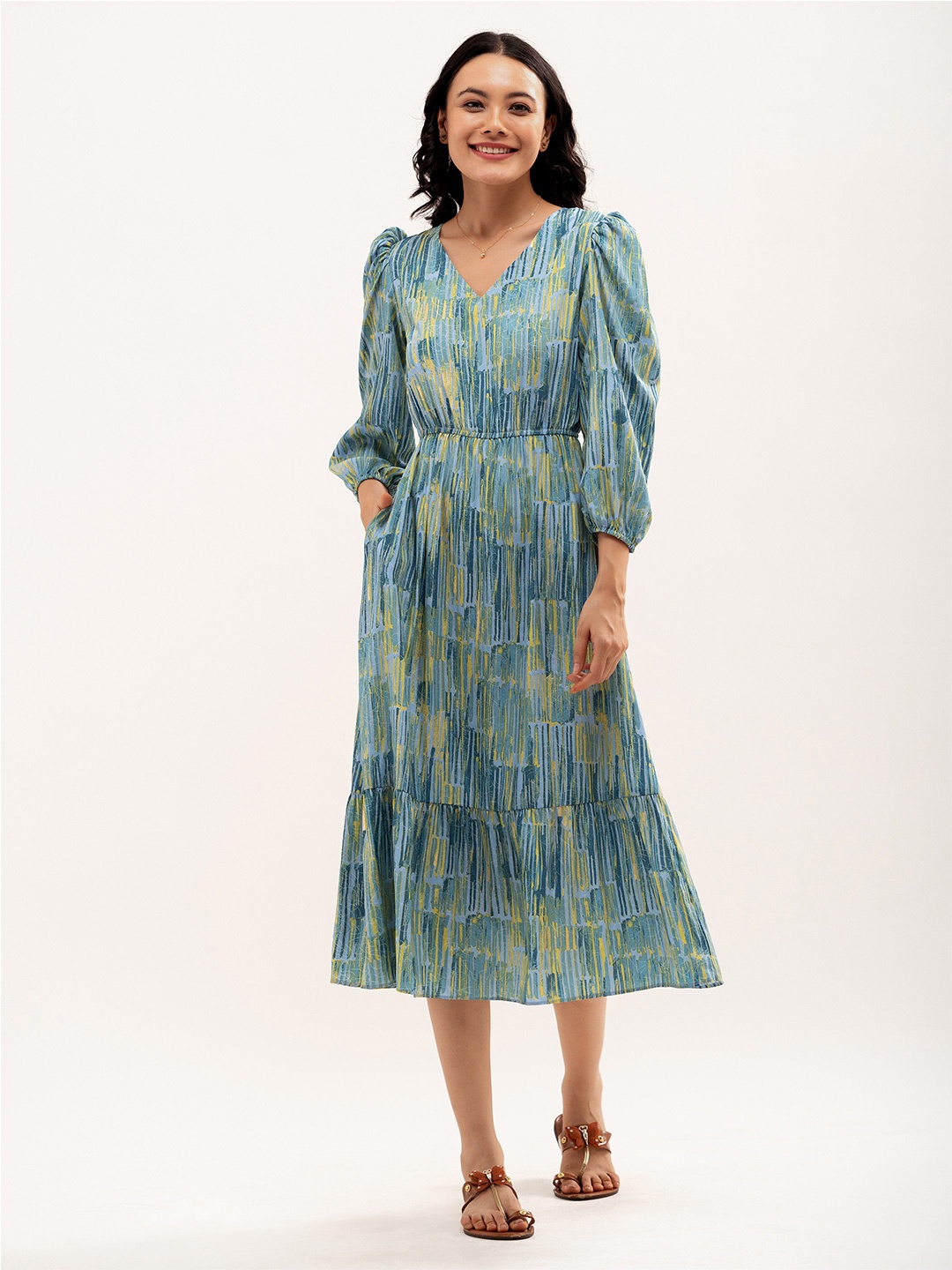 

AASK Abstract Print Puff Sleeve Blouson Midi Dress, Turquoise blue