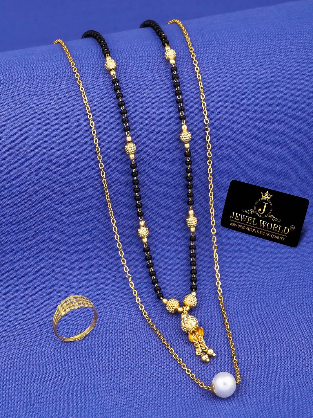 

JEWEL WORLD Set Of 3 Gold-Plated CZ-Studded Mangalsutra With Chain & Ring