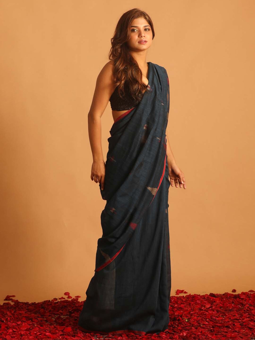 

Indethnic Ethnic Motif Woven Design Pure Cotton Jamdani Saree, Blue