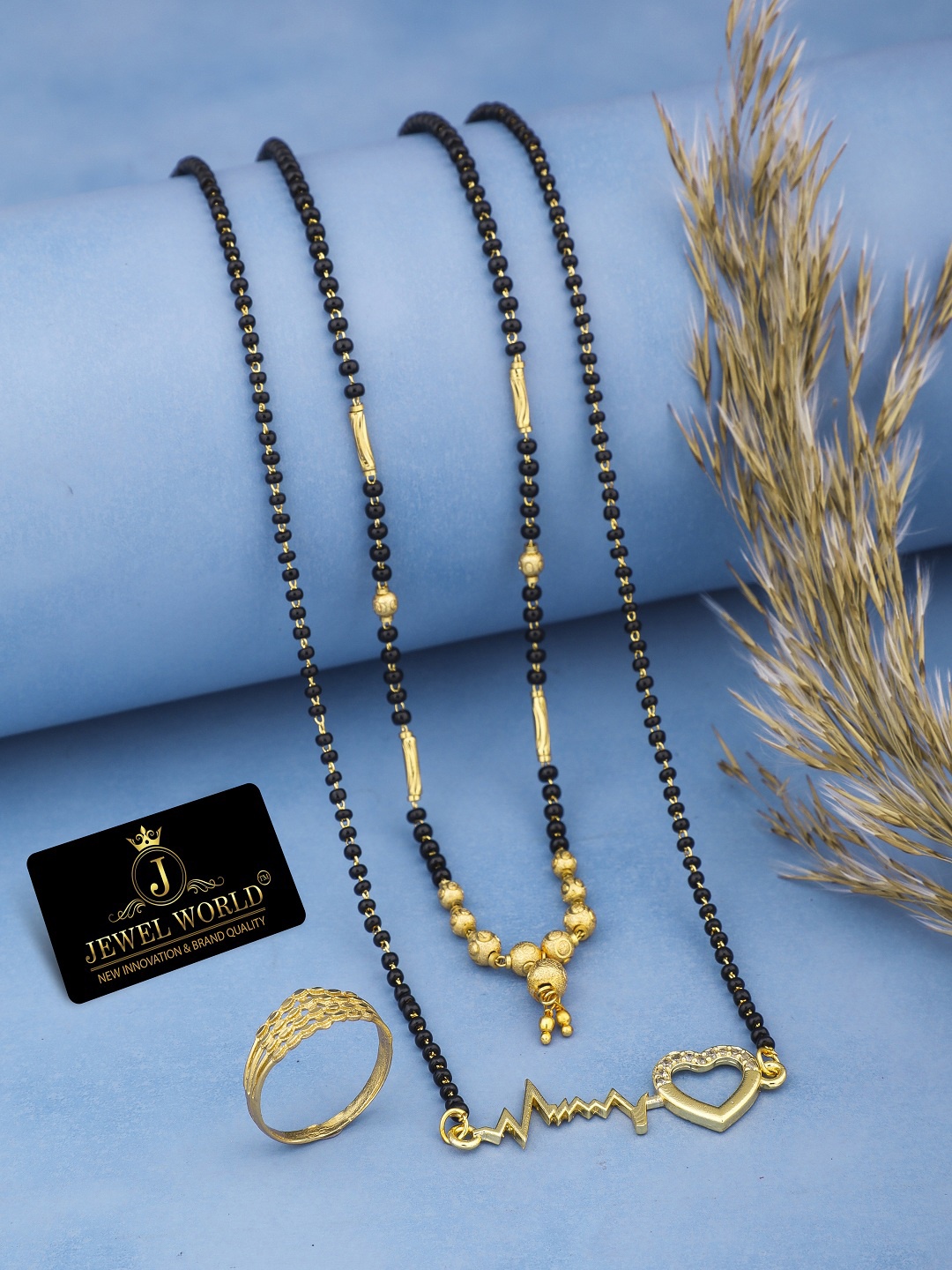 

JEWEL WORLD Set Of 3 Gold-Plated CZ-Studded Mangalsutra With Chain & Ring