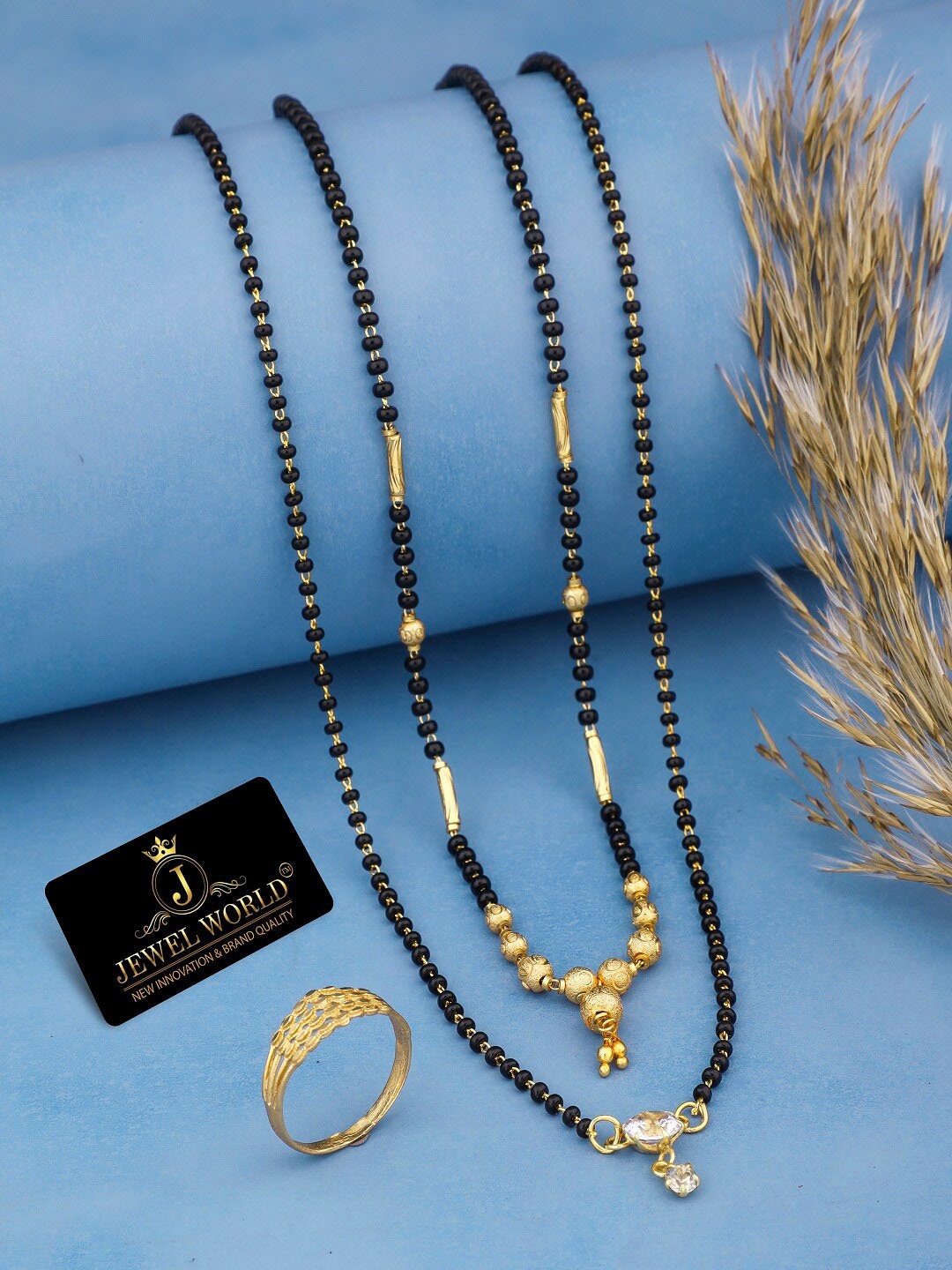 

JEWEL WORLD Set Of 3 Gold-Plated CZ-Studded Mangalsutra With Chain & Ring