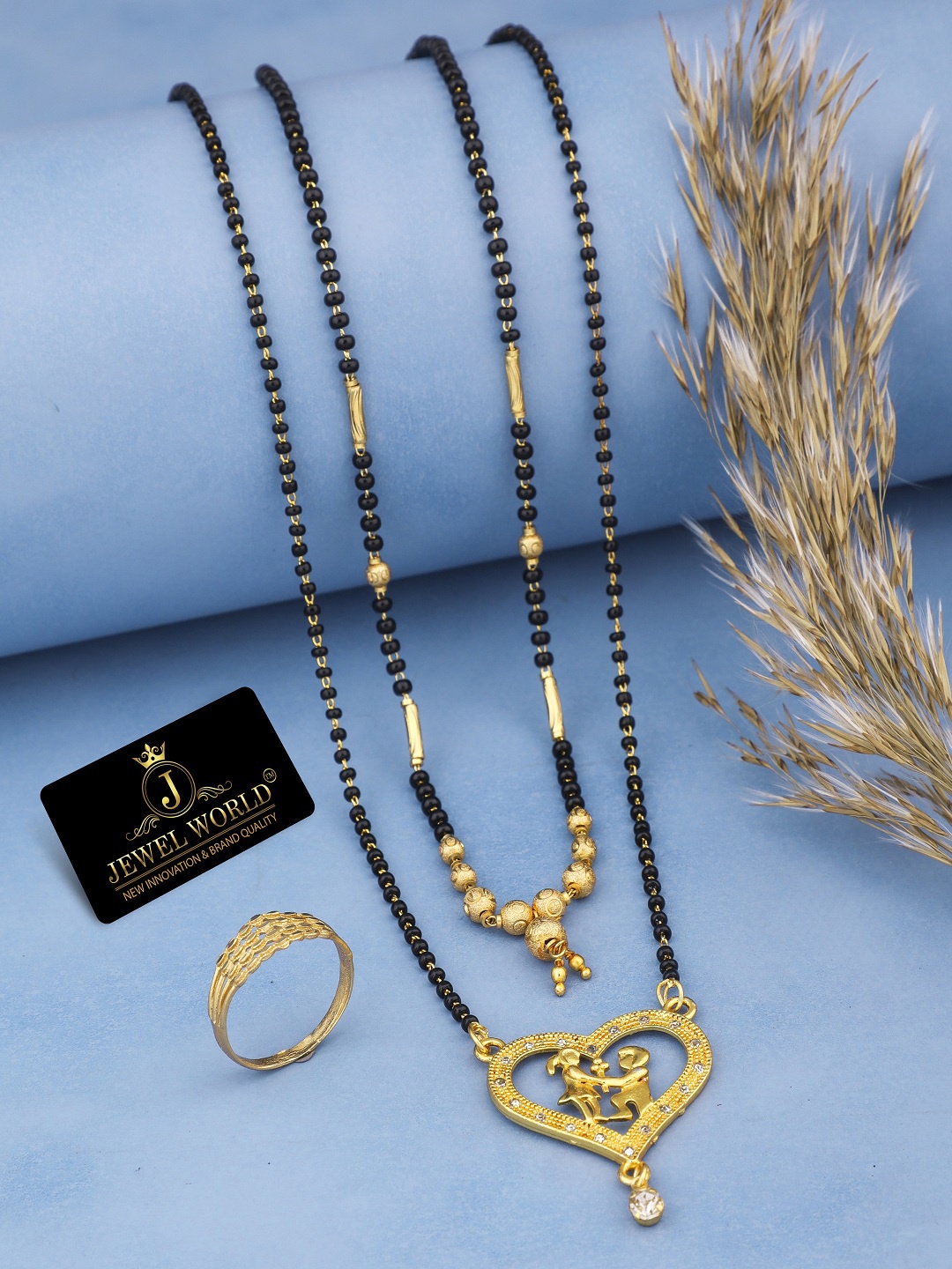 

JEWEL WORLD Set Of 3 Gold-Plated CZ-Studded Mangalsutra With Chain & Ring