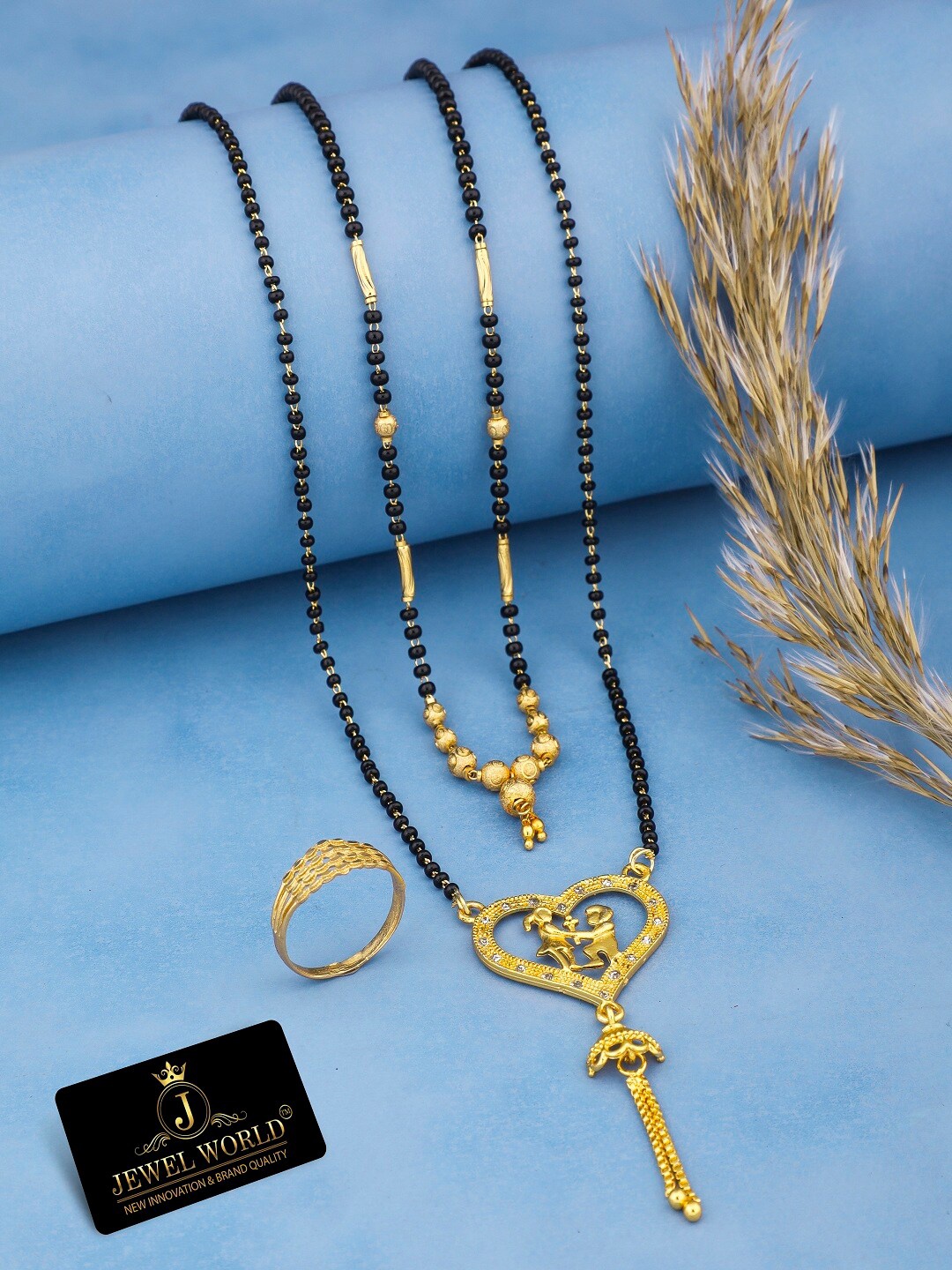 

JEWEL WORLD Set Of 3 Gold-Plated Stone Studded & Beaded Mangalsutra With Ring