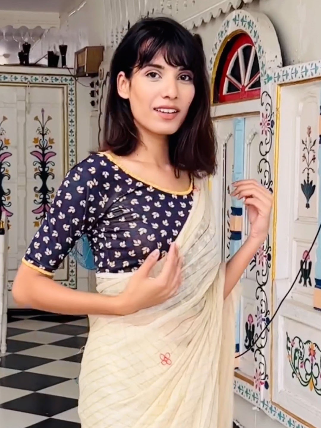

Bindigasm's Advi Frill Neck Stretchable Saree Blouse, Navy blue