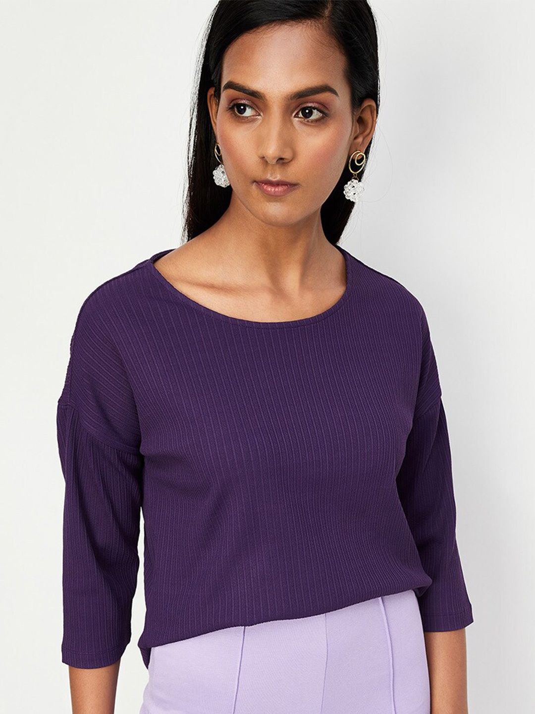 

max Ribbed Drop-Shoulder Sleeves Top, Purple