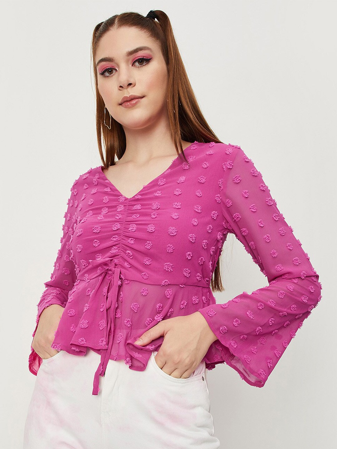 

max Self Design V-Neck Bell seeve Top, Pink