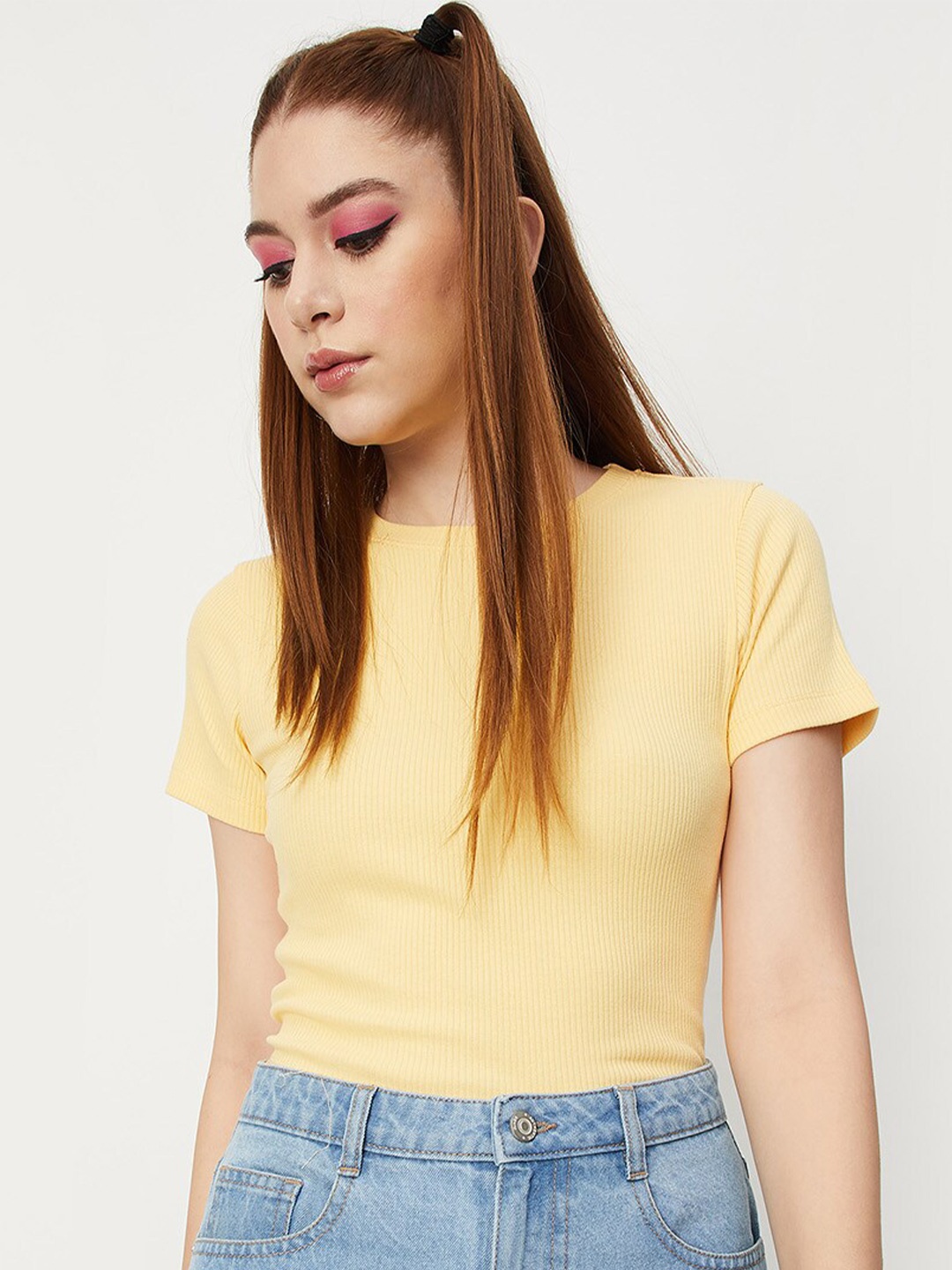 

max Round Neck Short Sleeve Ribbed Top, Yellow