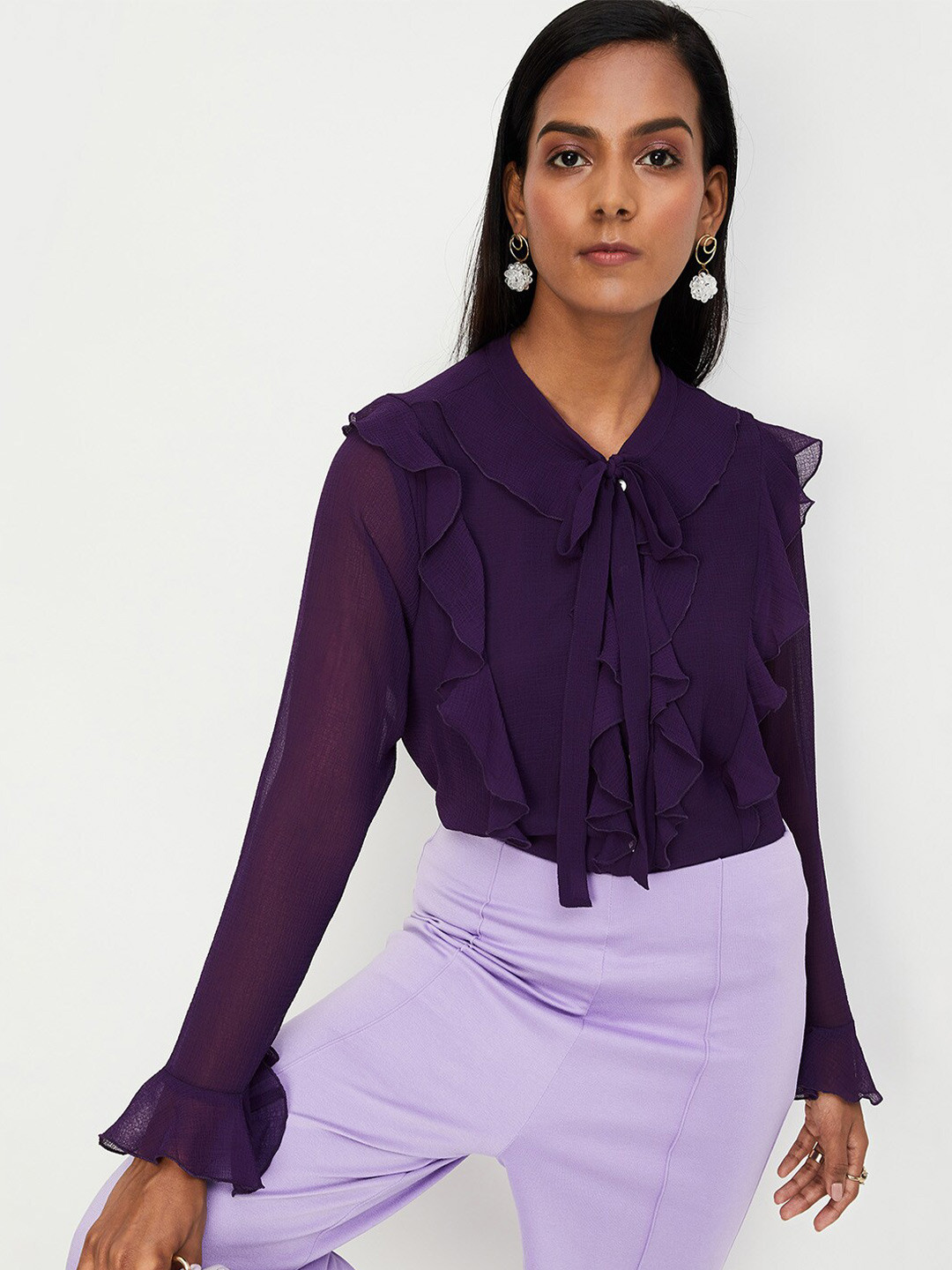

max Tie-Up Neck Bell Sleeves Ruffled Top, Purple