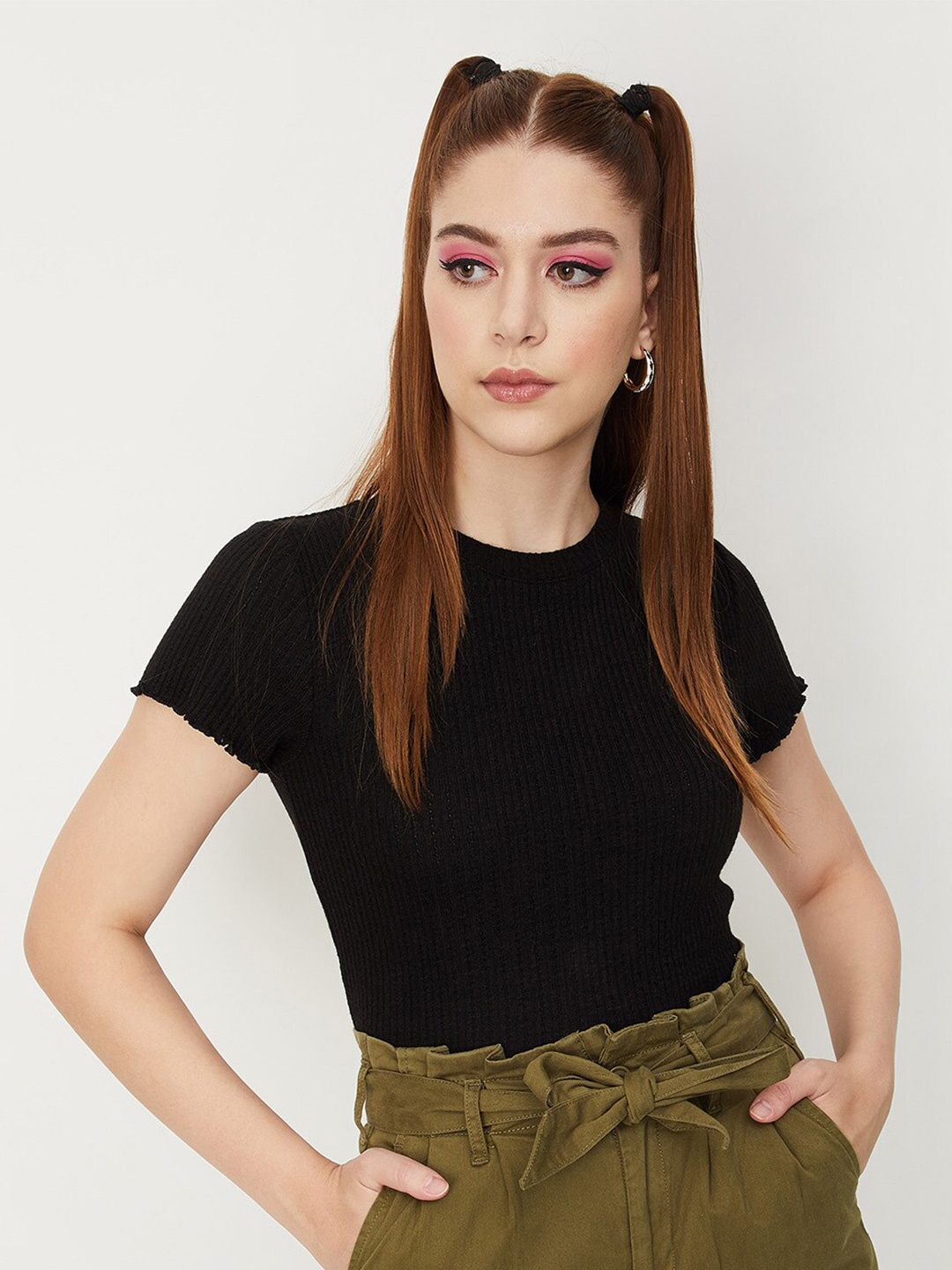

max Ribbed High Neck Fitted Top, Black