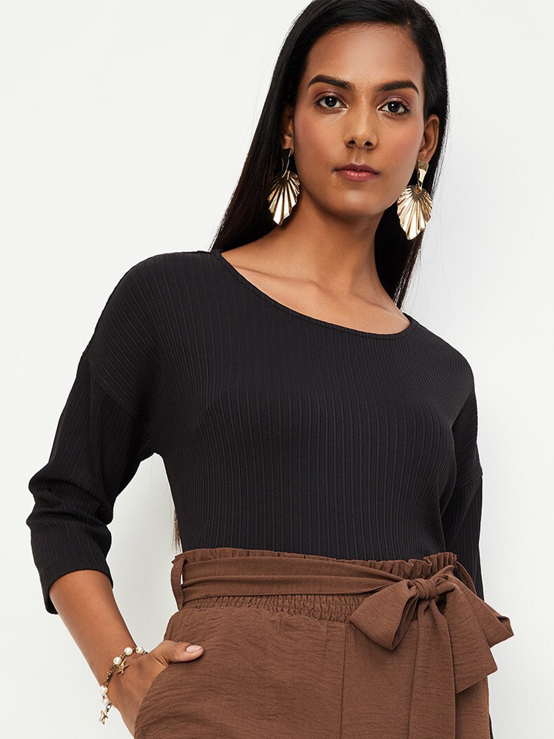 

max Striped Drop-Shoulder Sleeves Top, Black