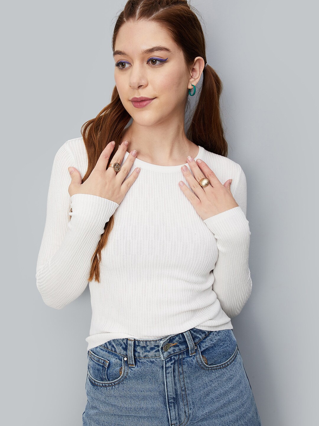 

max Round Neck Long Sleeves Fitted Top, White
