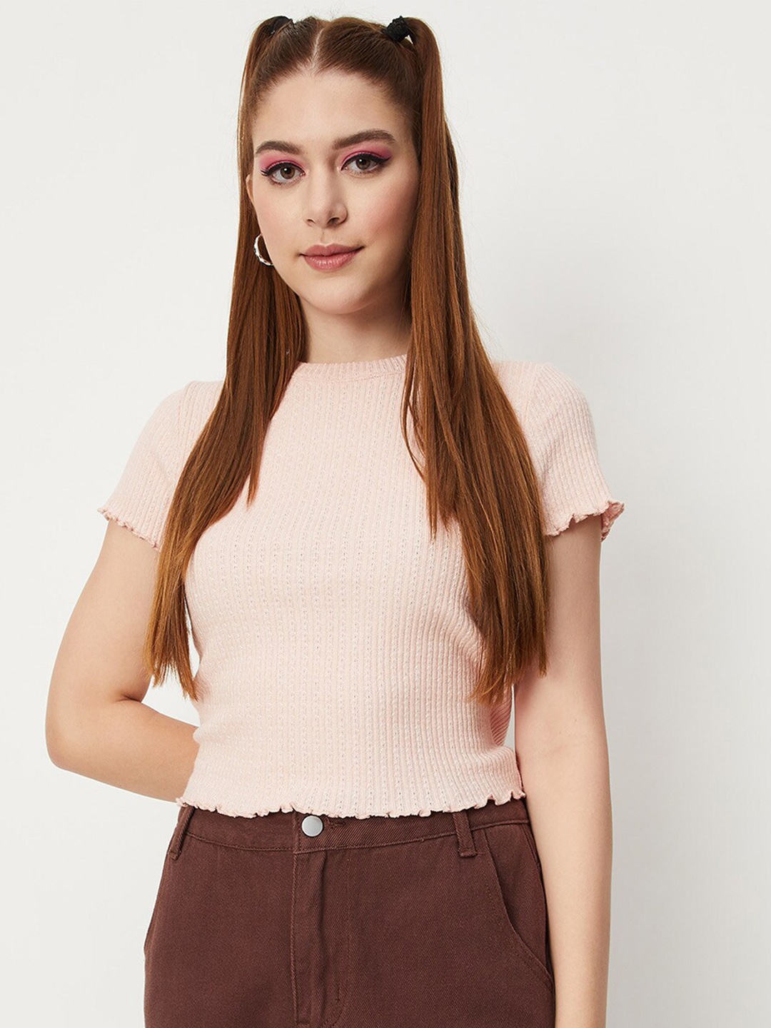 

max Round Neck Short Sleeves Fitted Top, Pink