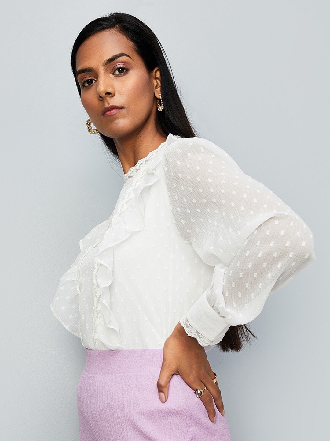 

max Self Design High Neck Cuffed Sleeves Ruffles Detail Top, White