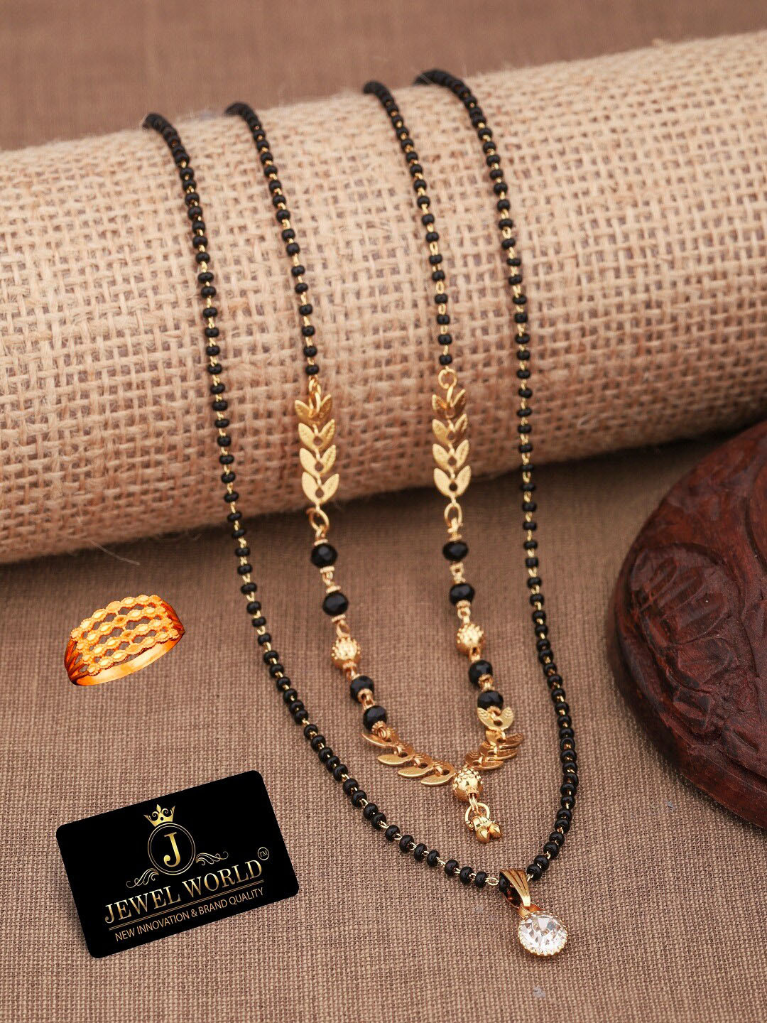 

JEWEL WORLD Set Of 2 Gold-Plated Stone Studded & Beaded Mangalsutra With Ring