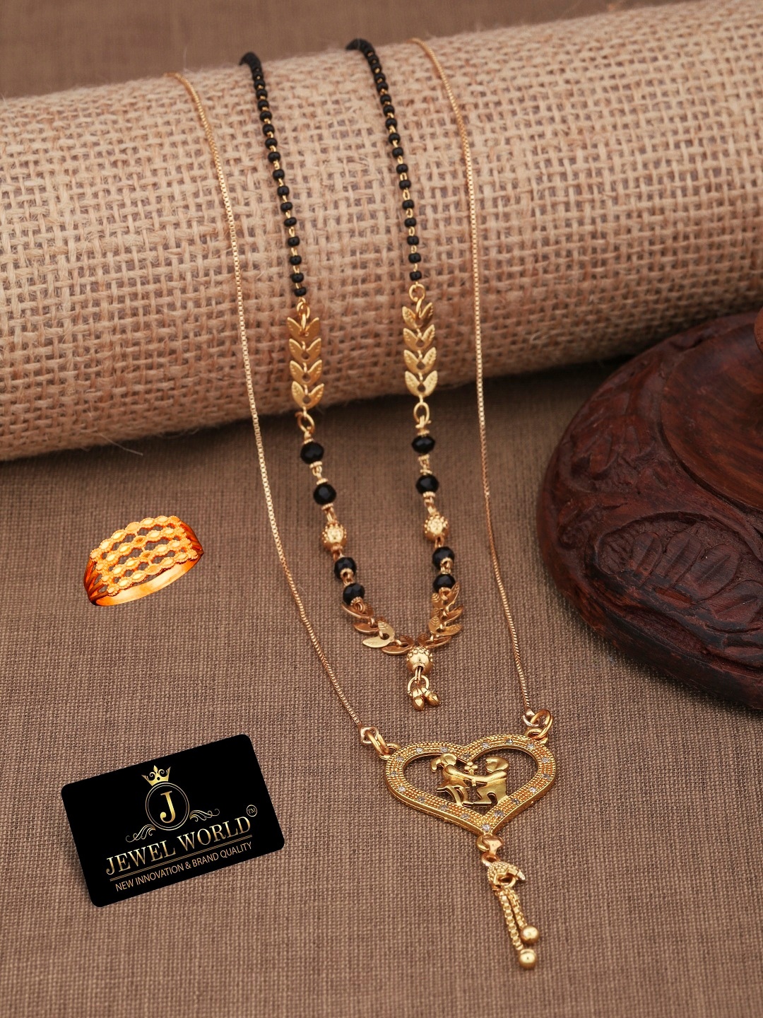 

JEWEL WORLD Set Of 3 Gold-Plated Beaded Mangalsutra With Ring
