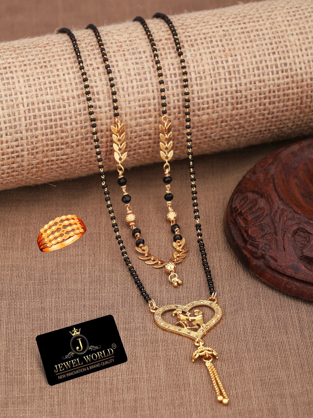 

JEWEL WORLD Set Of 2 Gold-Plated Stone Studded & Beaded Mangalsutra With Ring