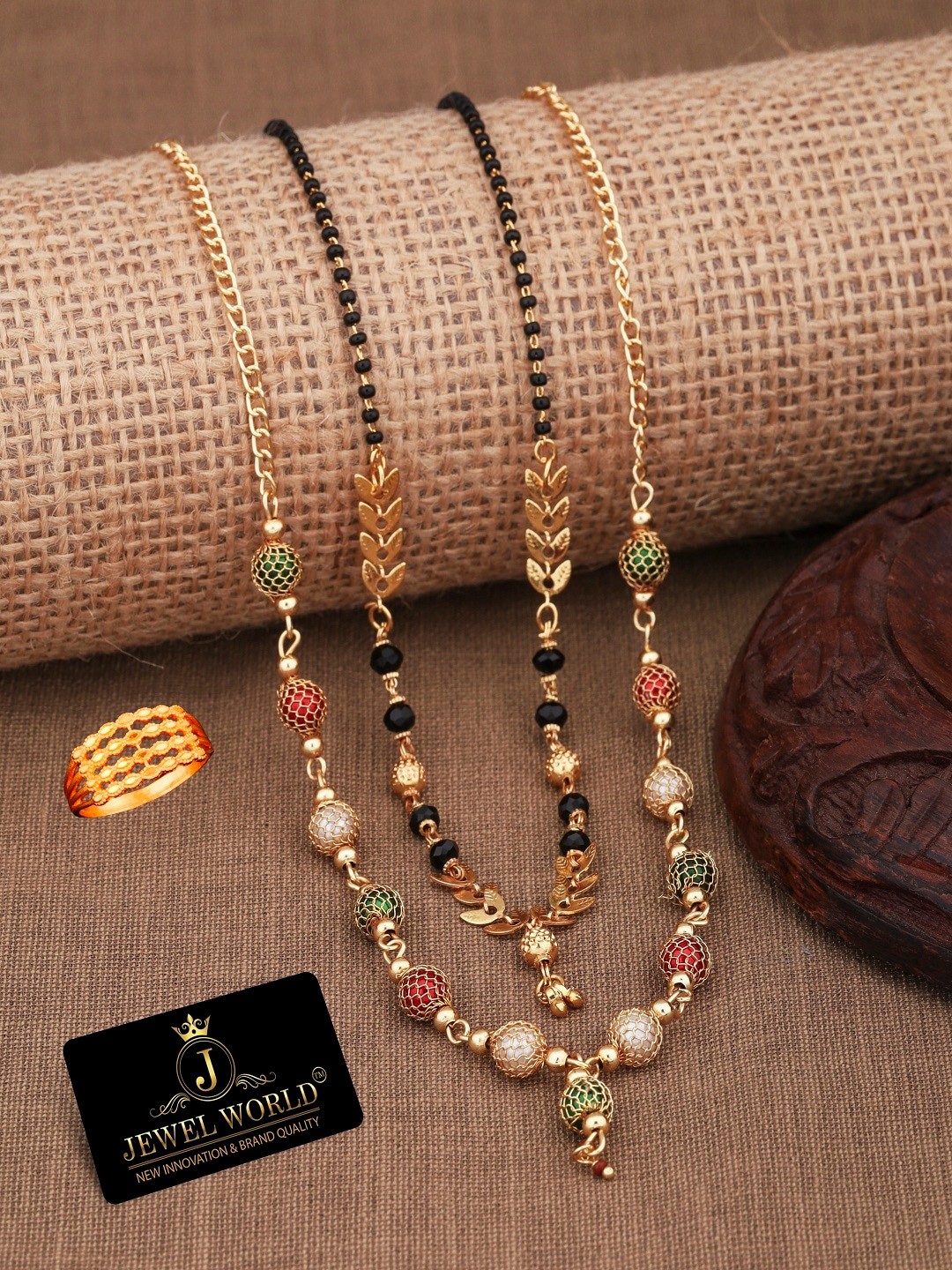 

JEWEL WORLD Set Of 2 Gold-Plated Beaded Mangalsutra With Ring