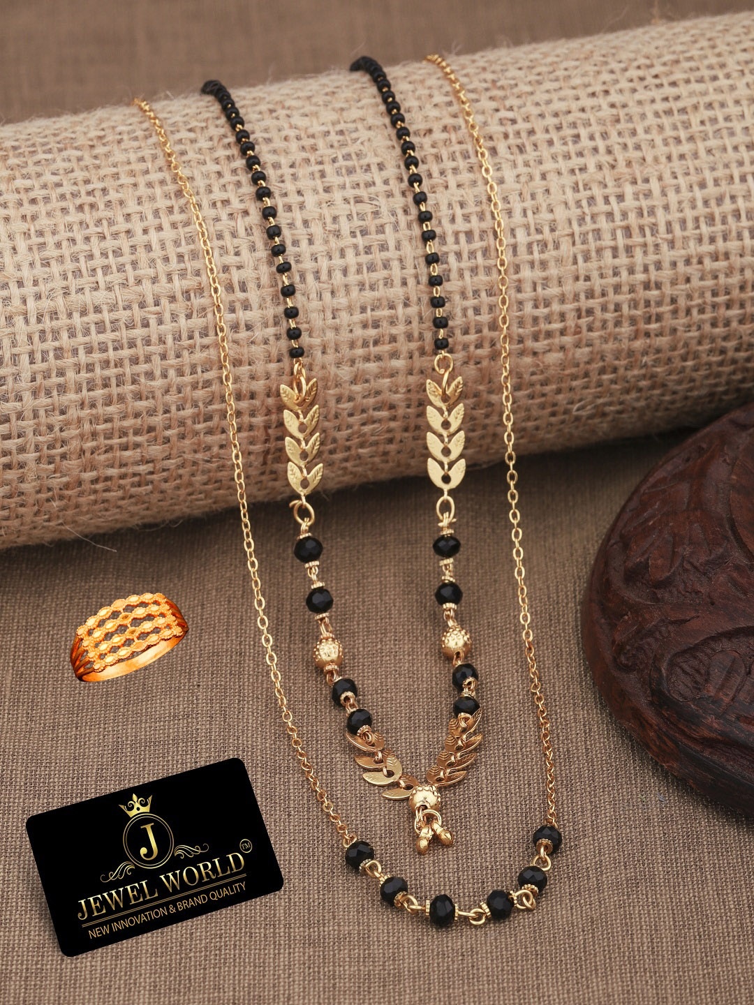 

JEWEL WORLD Set Of 2 Gold-Plated Stone Studded & Beaded Mangalsutra With Ring