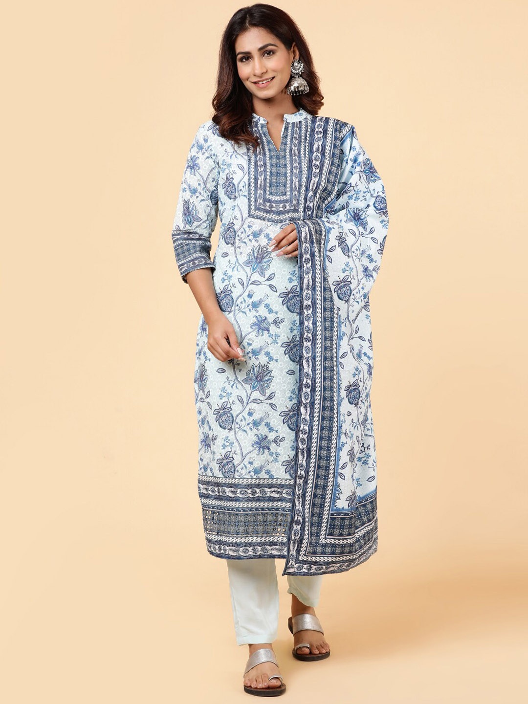 

Meena Bazaar Ethnic Motifs Printed Regular Kurta With Trousers & Dupatta, Blue
