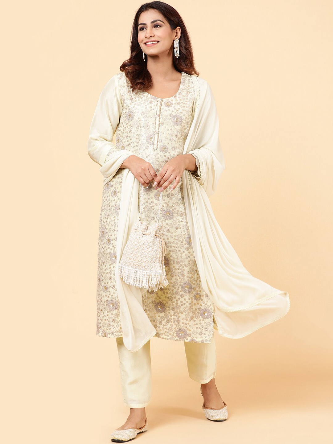 

Meena Bazaar Embroidered Kurta with Trousers & Dupatta, Beige