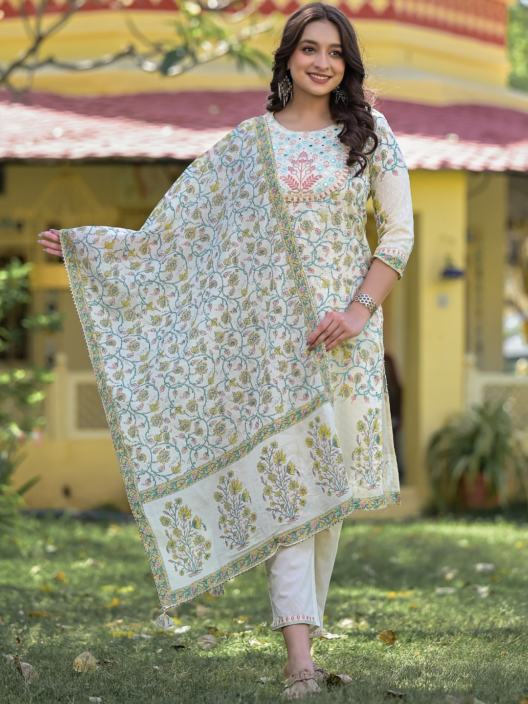 

Meena Bazaar Floral Printed Kurta with Trousers & Dupatta, Cream