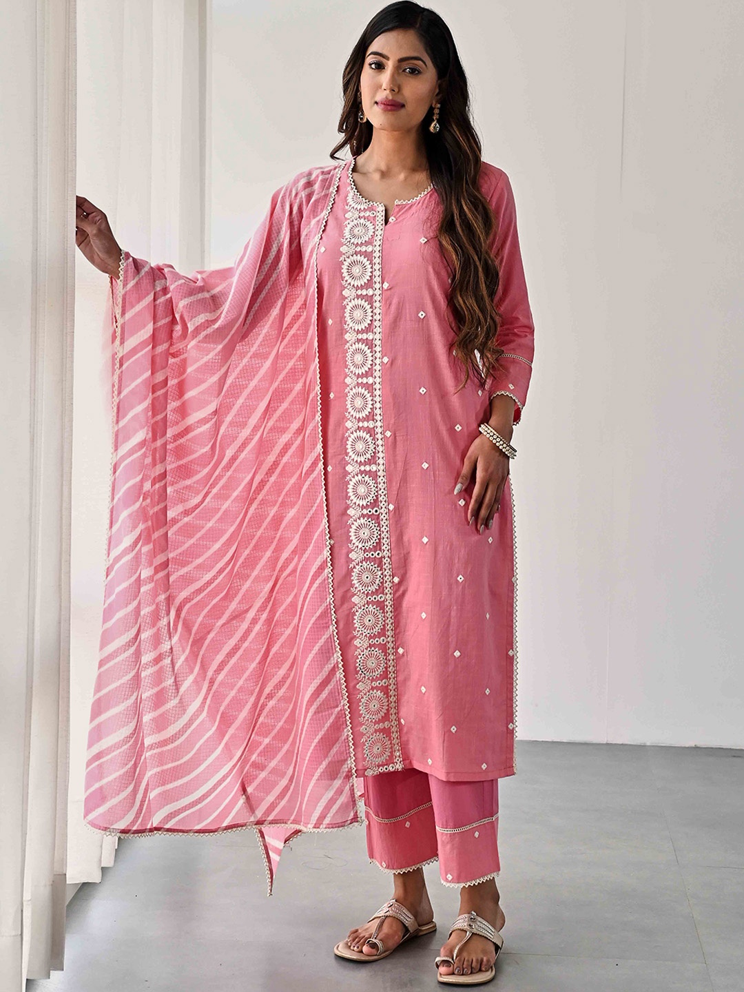

Meena Bazaar Ethnic Motifs Embroidered Regular Kurta With Trousers & Dupatta, Pink