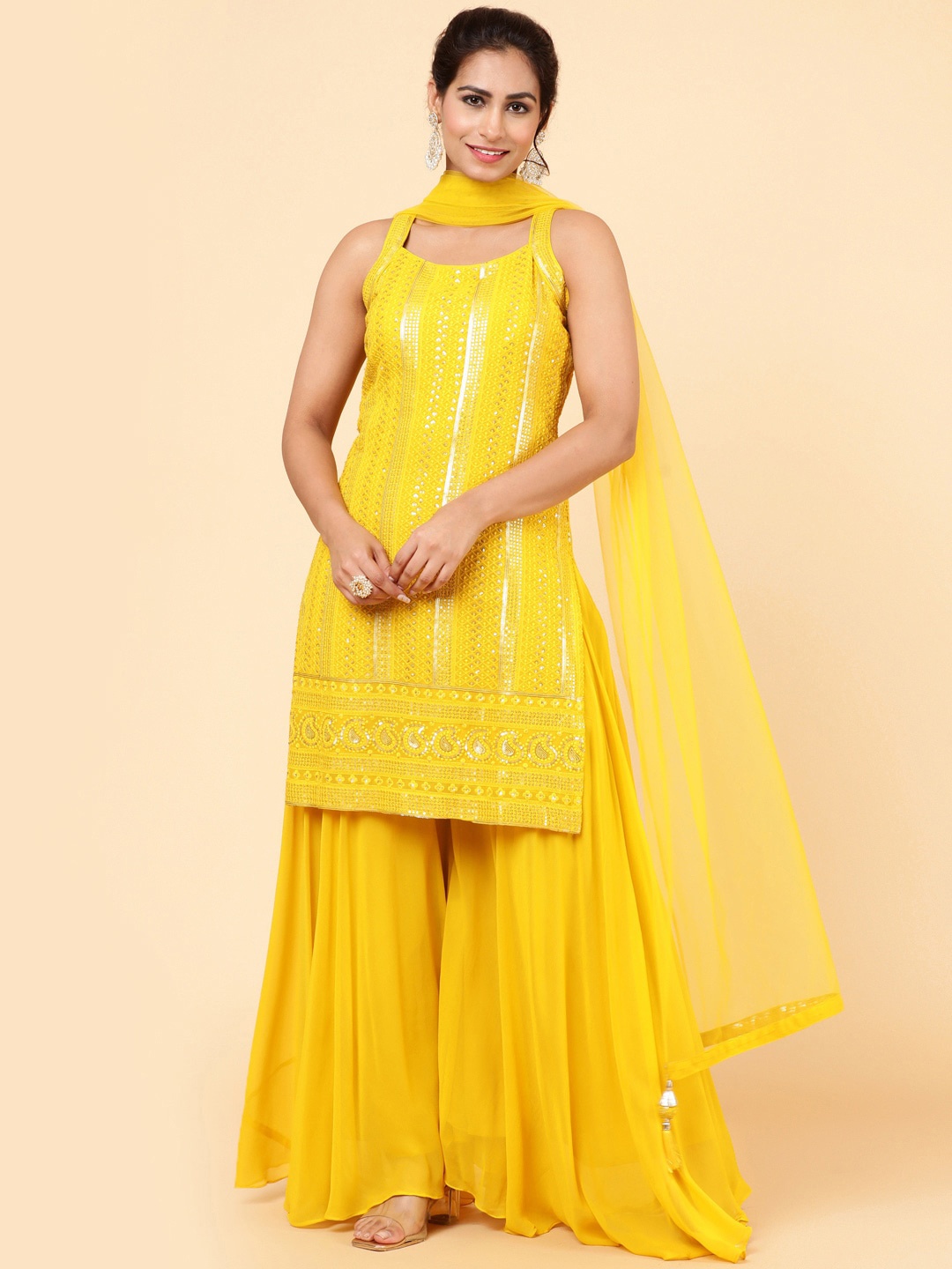 

Meena Bazaar Embroidered Sequinned Kurti with Sharara & Dupatta, Mustard