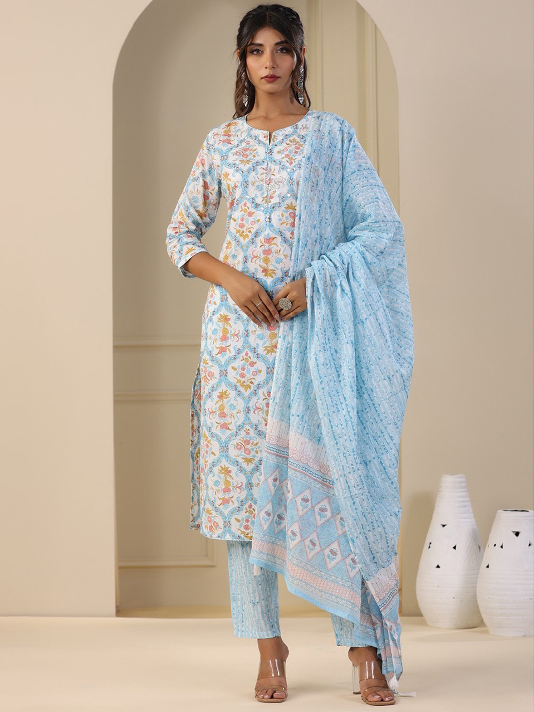 

Meena Bazaar Floral Printed Pure Cotton Kurta with Trousers & Dupatta, White