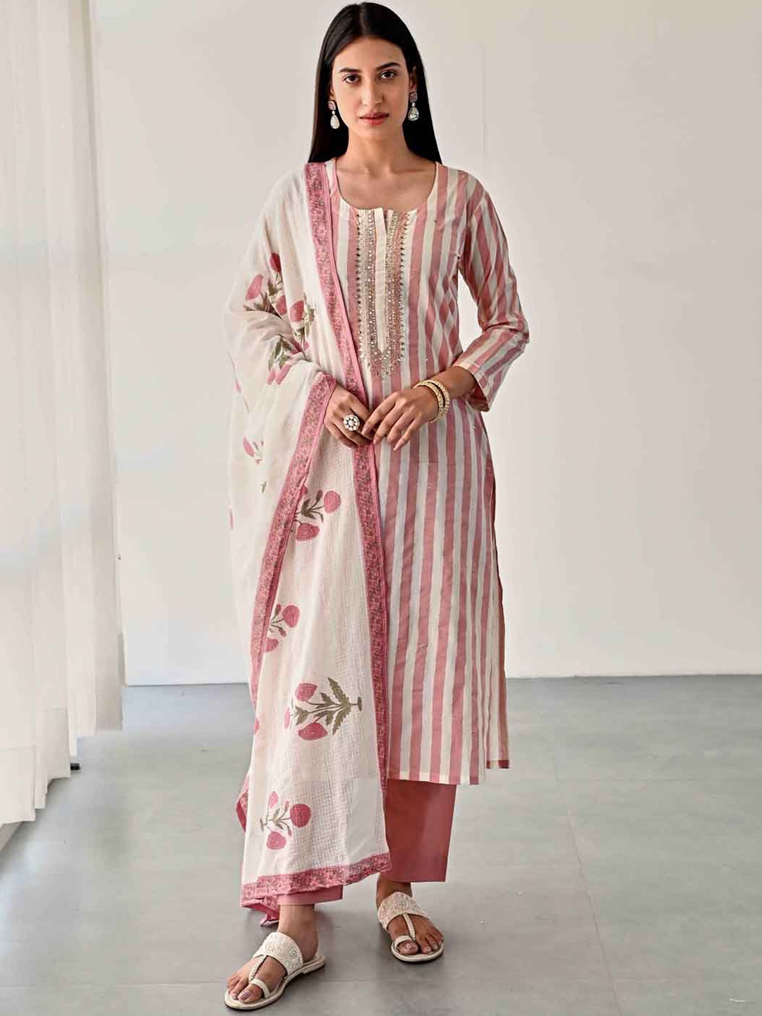 

Meena Bazaar Striped Straight Kurta With Trousers & Dupatta, Cream
