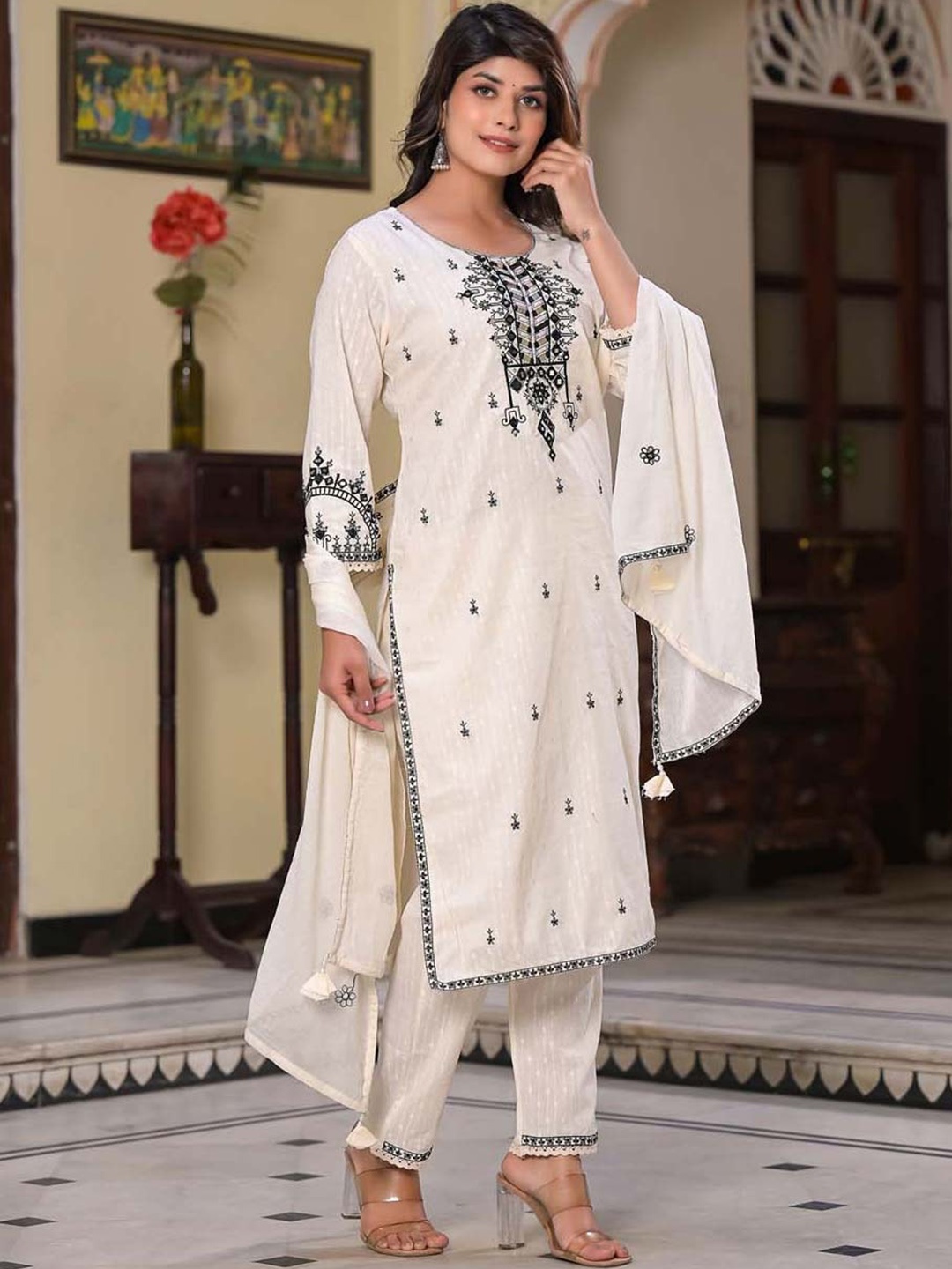 

Meena Bazaar Floral Embroidered Mirror Work Kurta With Trousers & Dupatta, Cream
