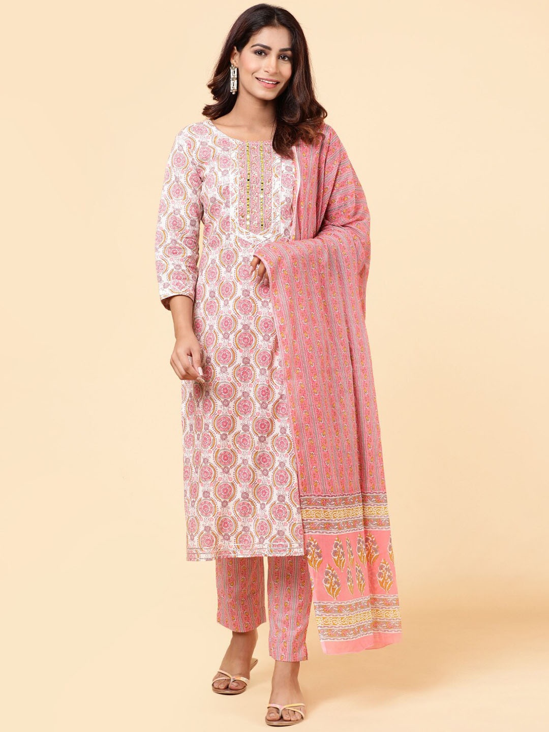 

Meena Bazaar Ethnic Motif Printed Regular Kurta With Trousers & Dupatta, Cream
