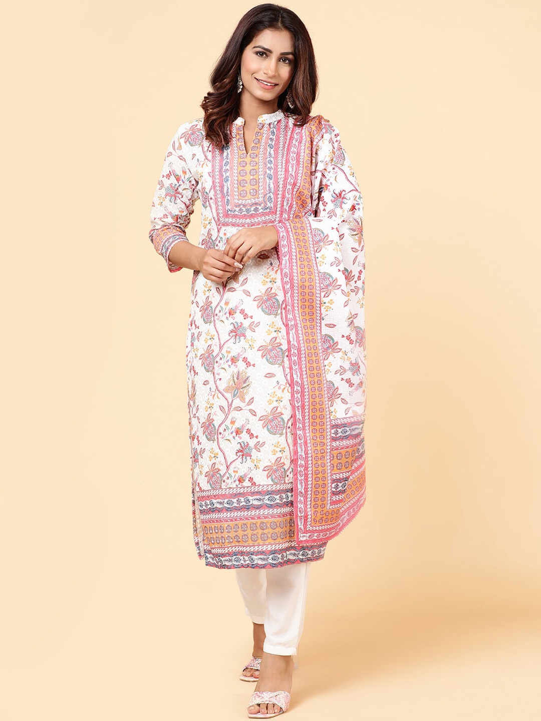 

Meena Bazaar Ethnic Motifs Printed Kurta with Trousers & Dupatta, Cream
