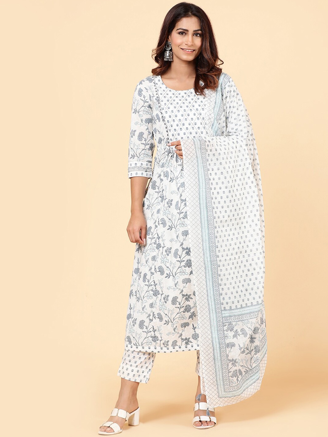 

Meena Bazaar Ethnic Motifs Printed Kurta with Trousers & Dupatta, Cream