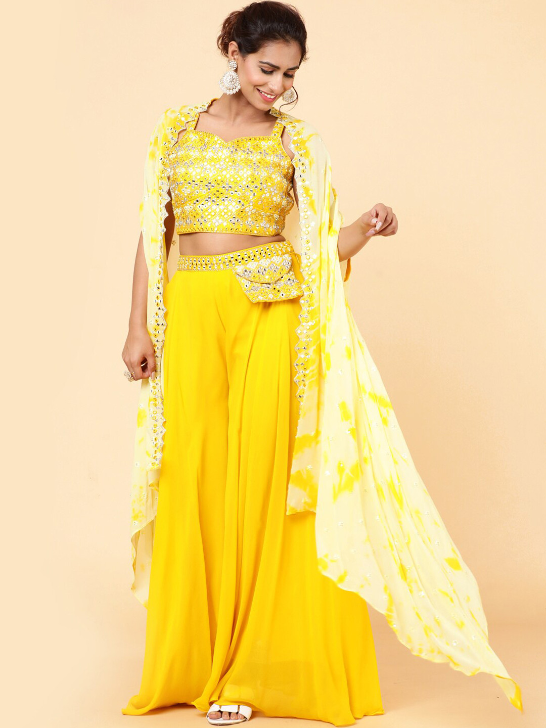 

Meena Bazaar Floral Embroidered Top with Palazzos, Mustard
