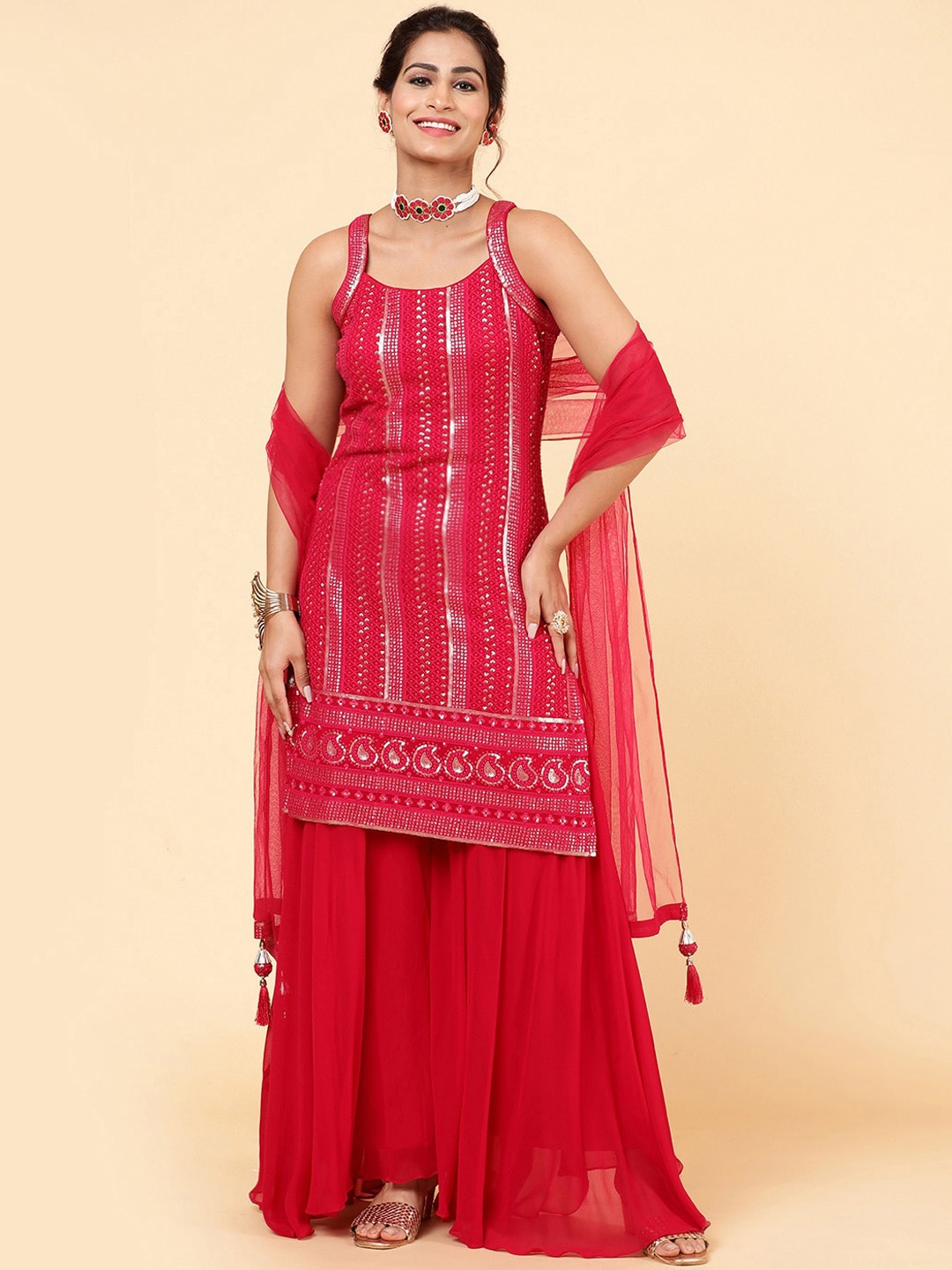 

Meena Bazaar Pink Floral Embroidered Regular Sequinned Kurti with Sharara & Dupatta