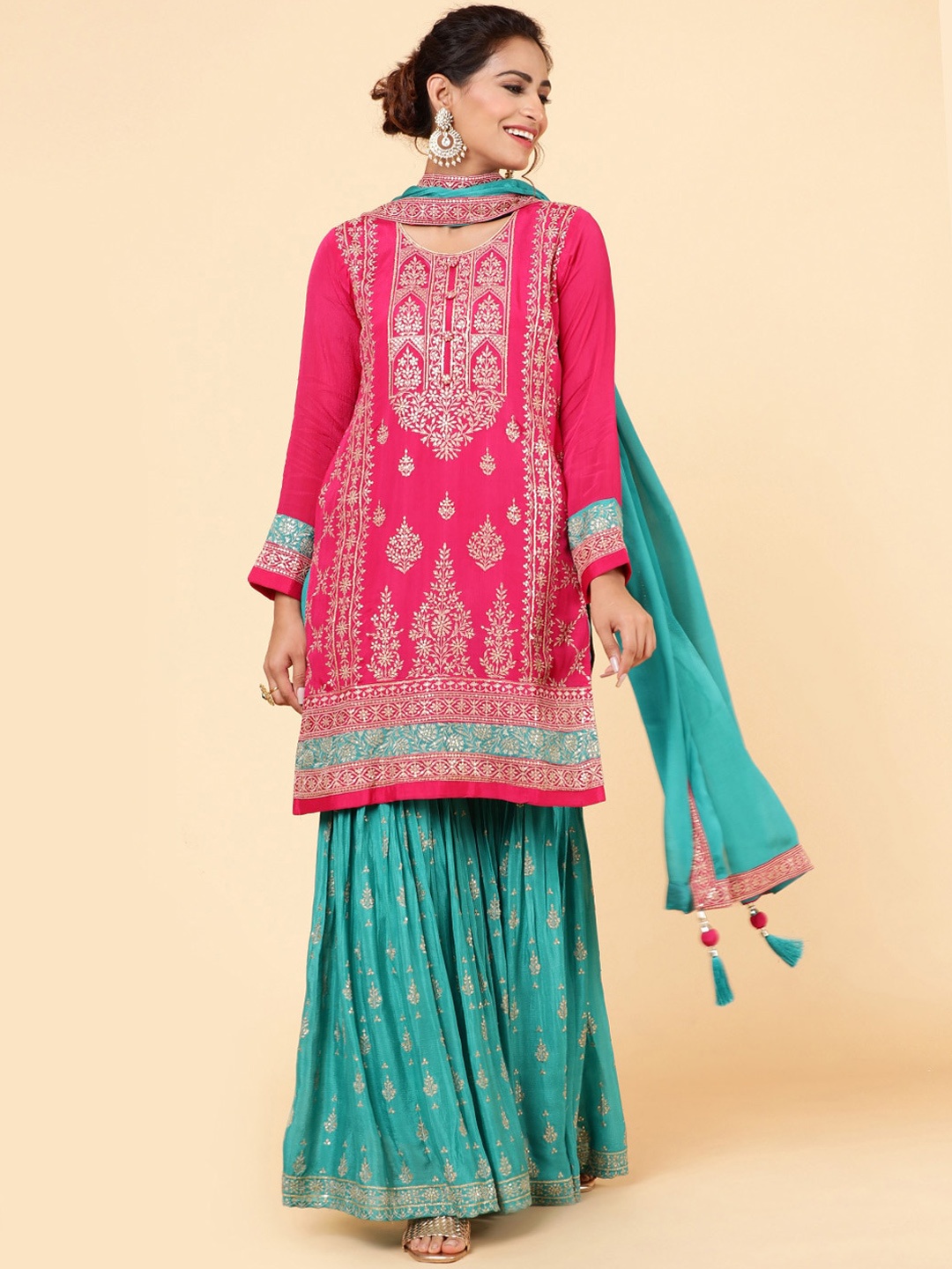 

Meena Bazaar Ethnic Motifs Printed Regular Kurta With Sharara & Dupatta, Pink