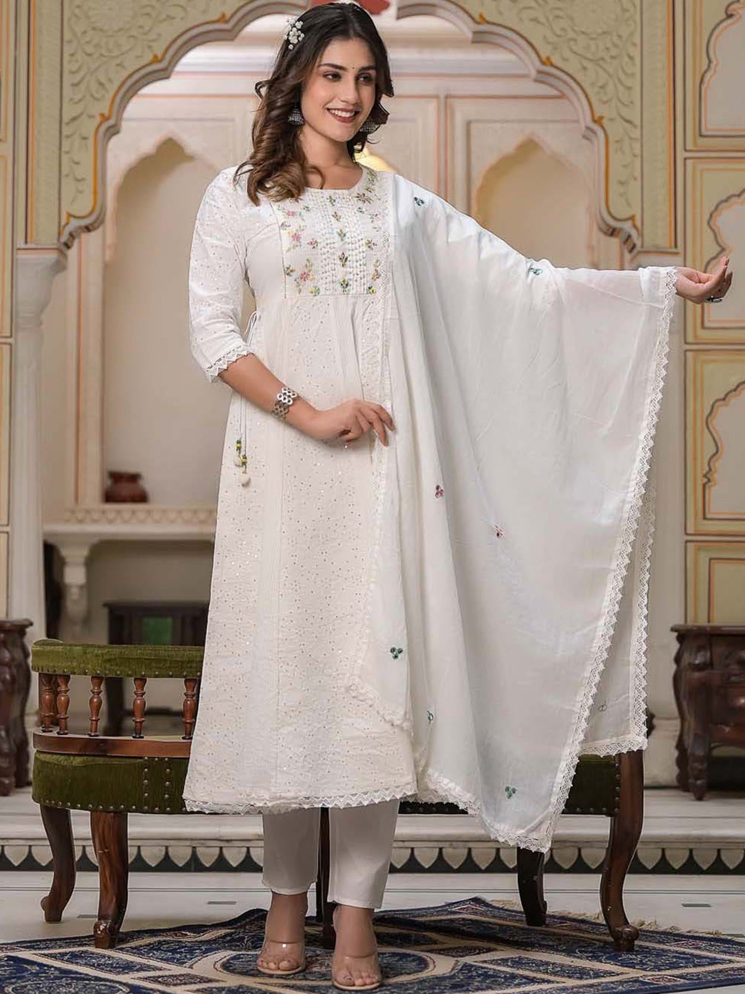 

Meena Bazaar Embroidered Mirror Work Sequined A-Line Kurta with Trousers & Dupatta, White