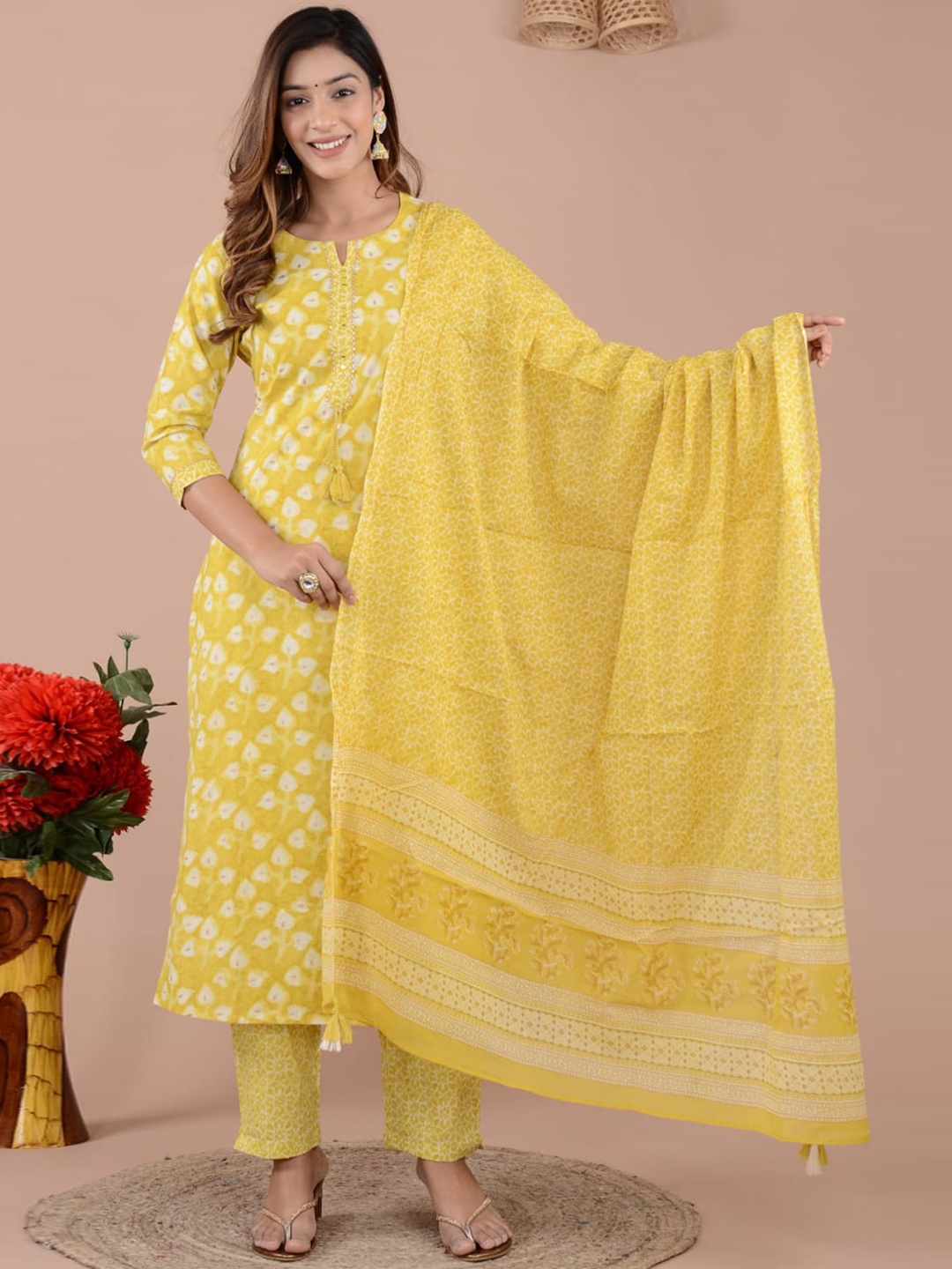 

Meena Bazaar Printed A-Line kurta & Trousers With Dupatta, Mustard