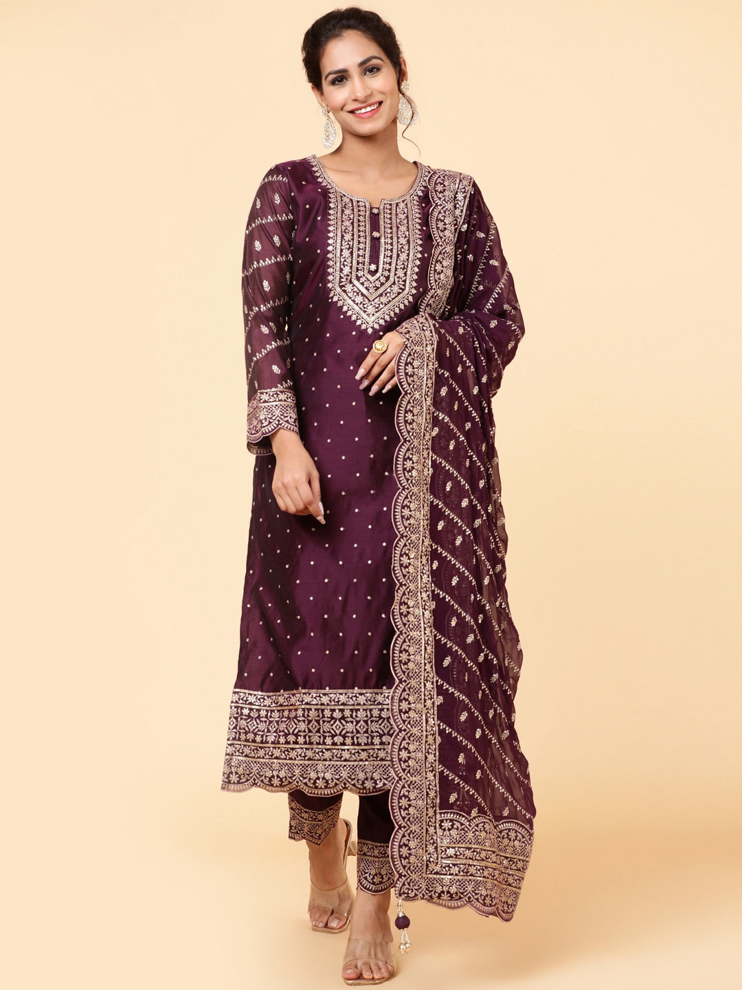 

Meena Bazaar Embroidered A-Line kurta & Trousers With Dupatta, Burgundy