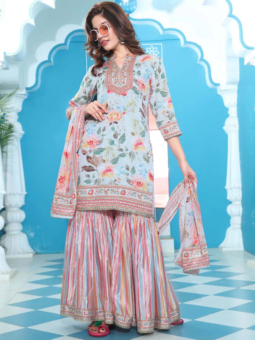 

Meena Bazaar Ethnic Motifs Printed Regular Kurti with Sharara & Dupatta, Grey
