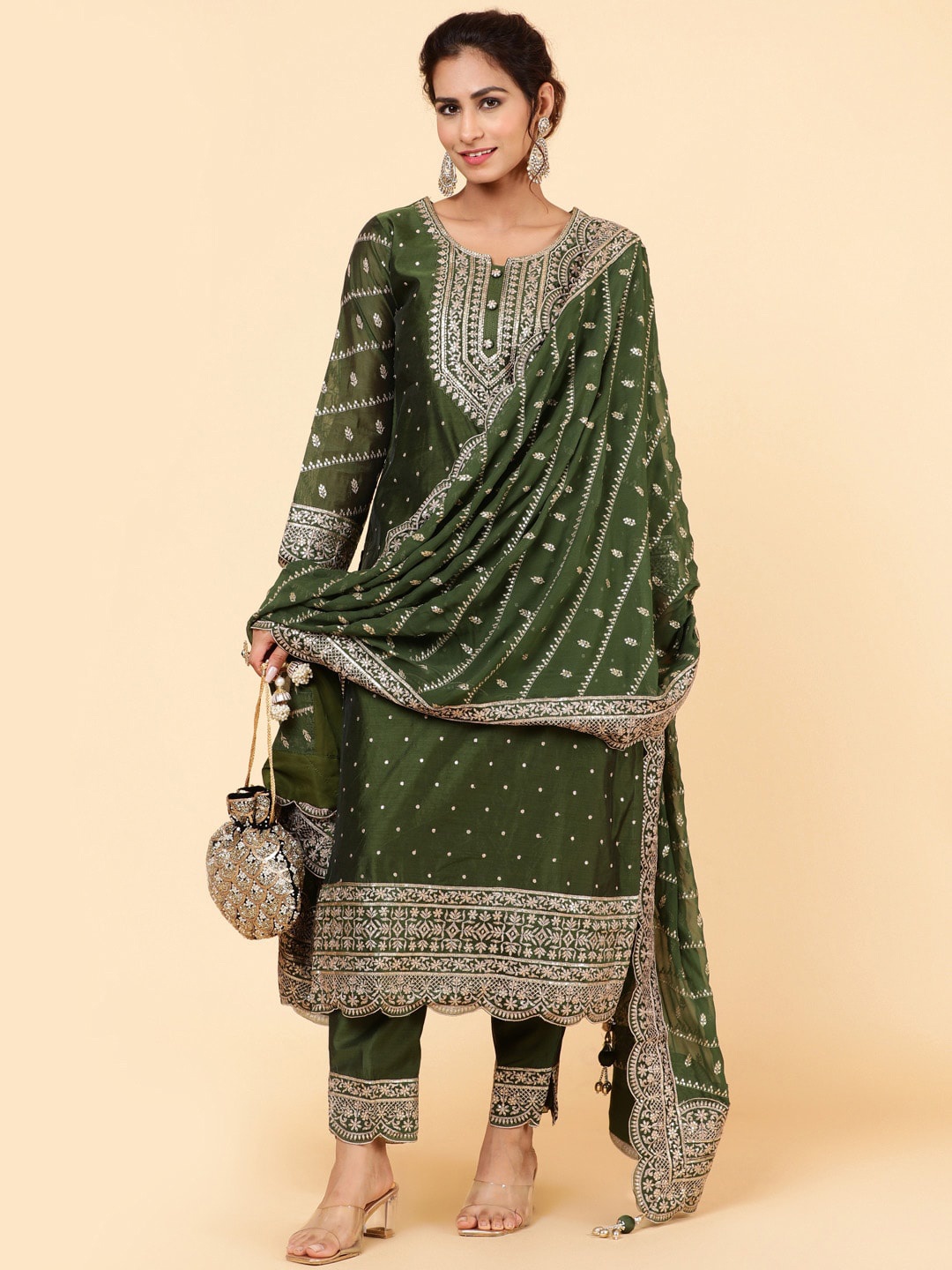 

Meena Bazaar Ethnic Motifs Embroidered Regular Sequinned Kurta With Trousers & Dupatta, Green