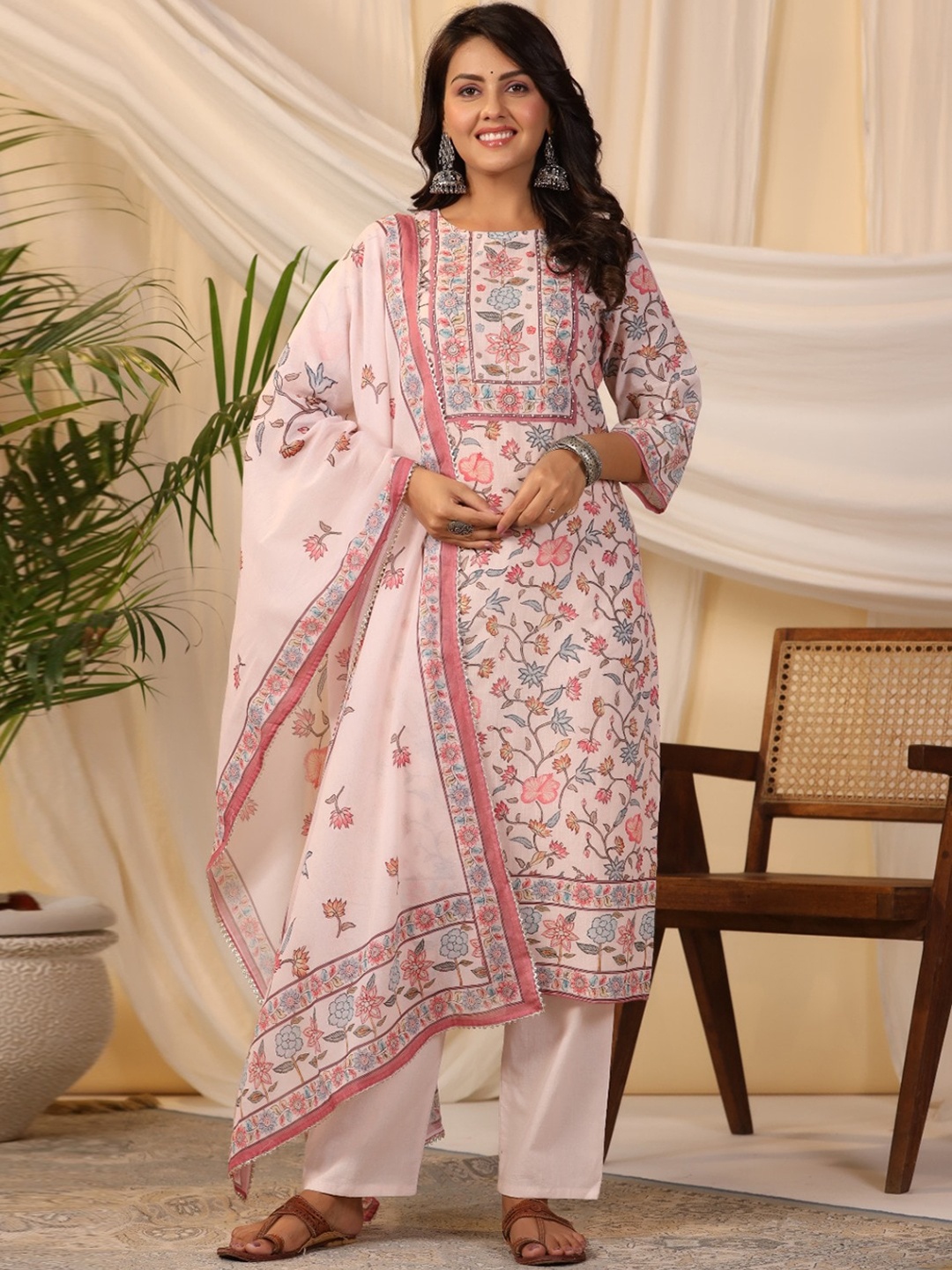 

Meena Bazaar Floral Printed Sequinned Kurta with Trousers & Dupatta, Peach