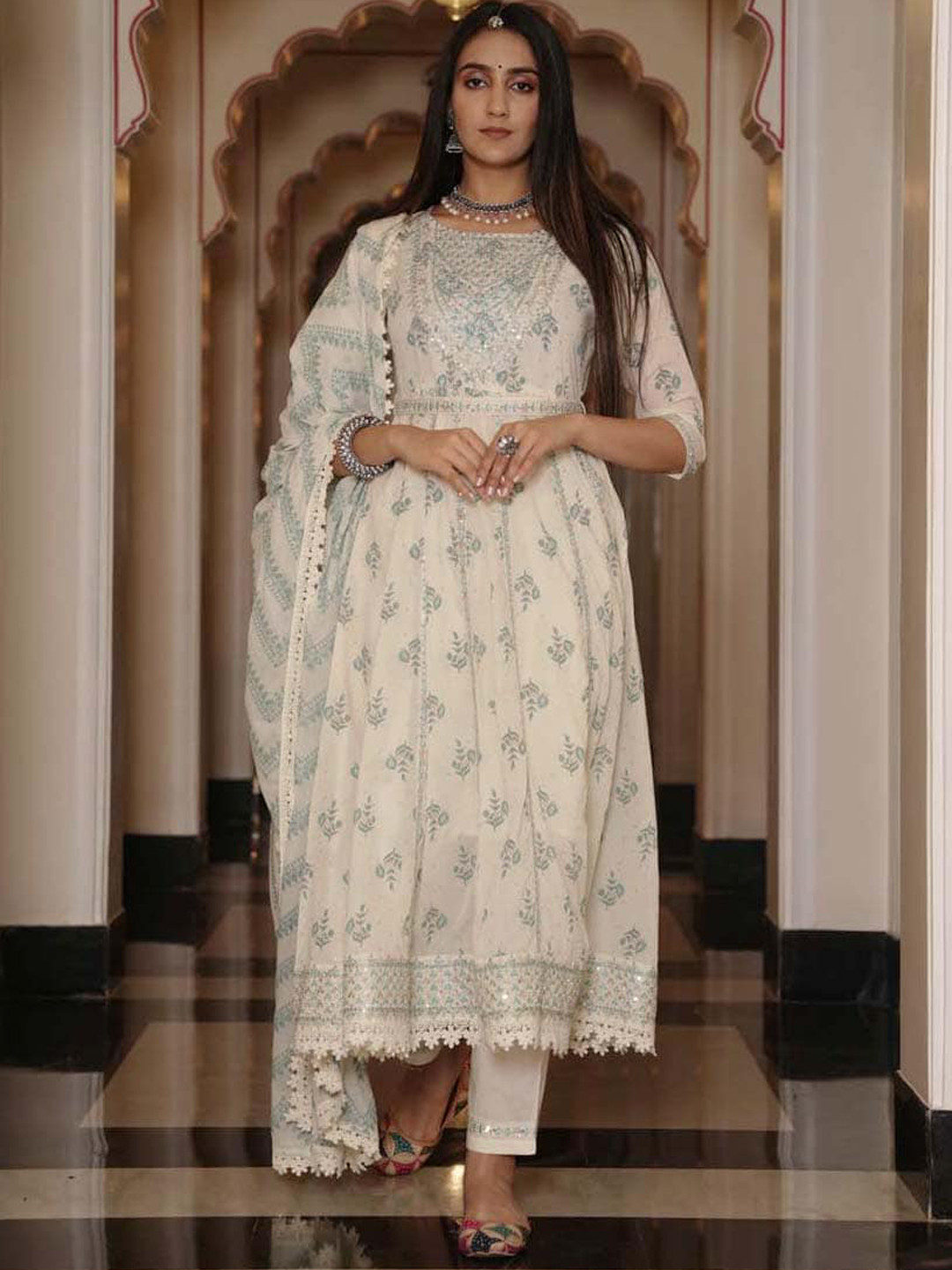 

Meena Bazaar Ethnic Motifs Printed Sequinned Kurta with Trousers & Dupatta, Cream