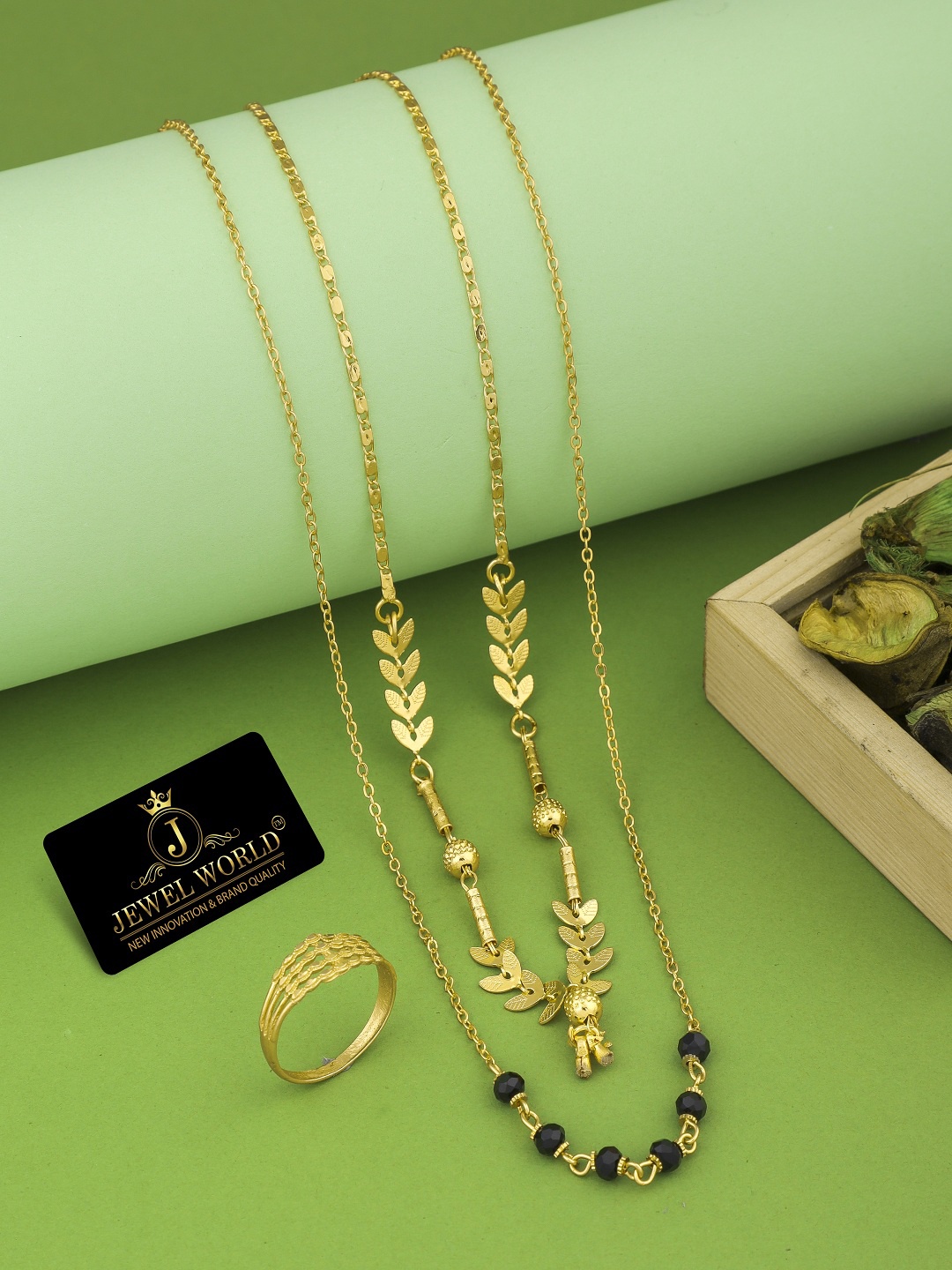 

JEWEL WORLD Set Of 3 Gold-Plated Beaded Mangalsutra With Ring