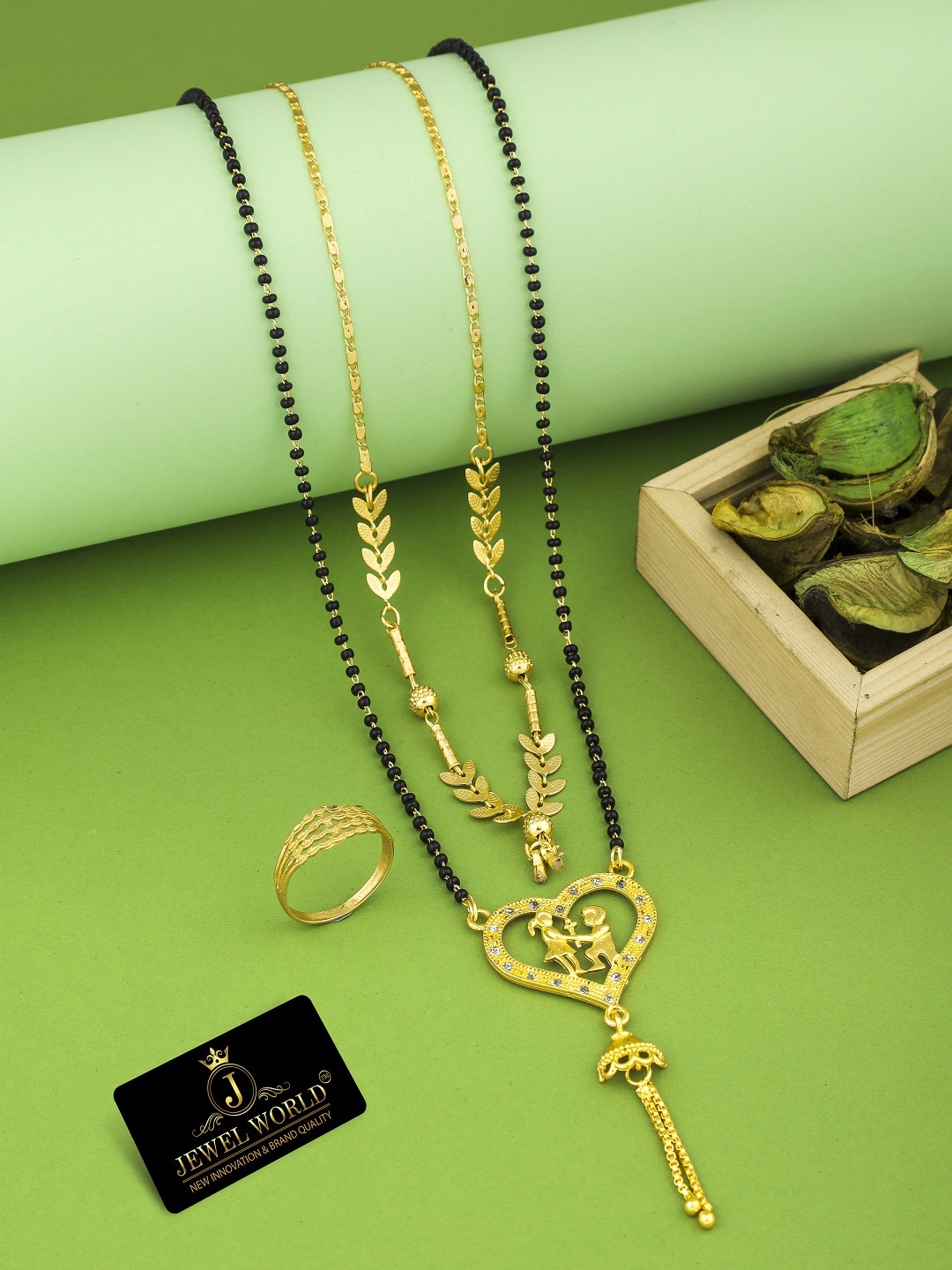 

JEWEL WORLD Set Of 3 Gold-Plated Stone Studded & Beaded Mangalsutra With Ring