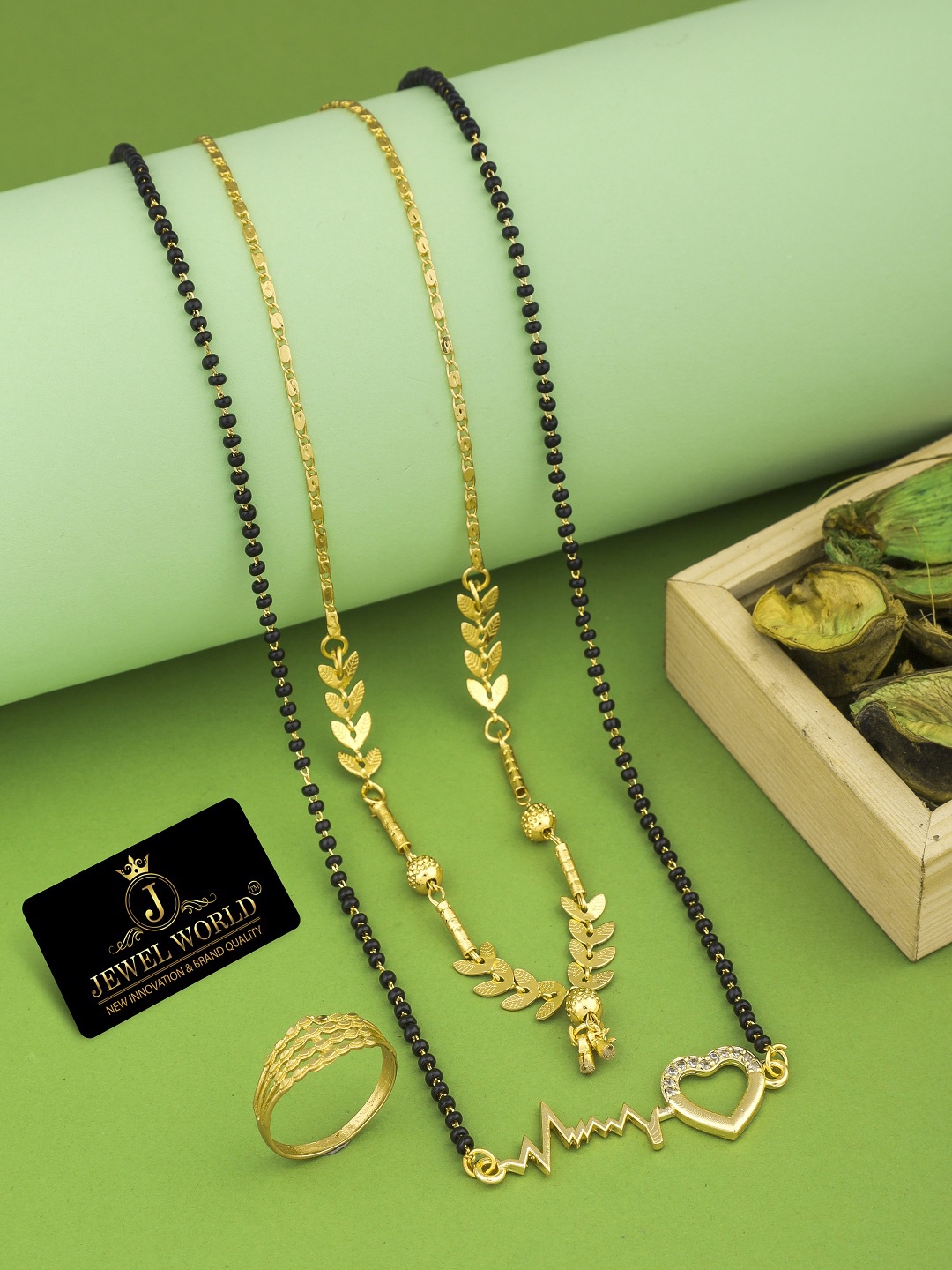 

JEWEL WORLD Set Of 2 Gold-Plated Stone Studded & Beaded Mangalsutra With Ring