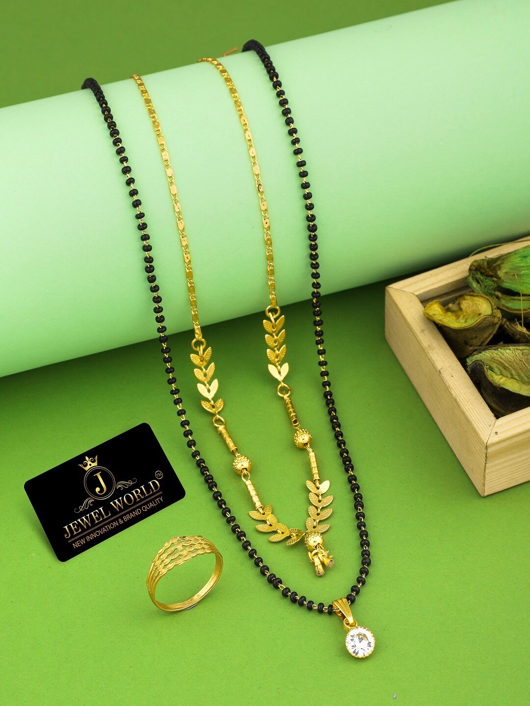 

JEWEL WORLD Set Of 3 Gold Plated Stone Studded & Beaded Mangalsutra With Ring