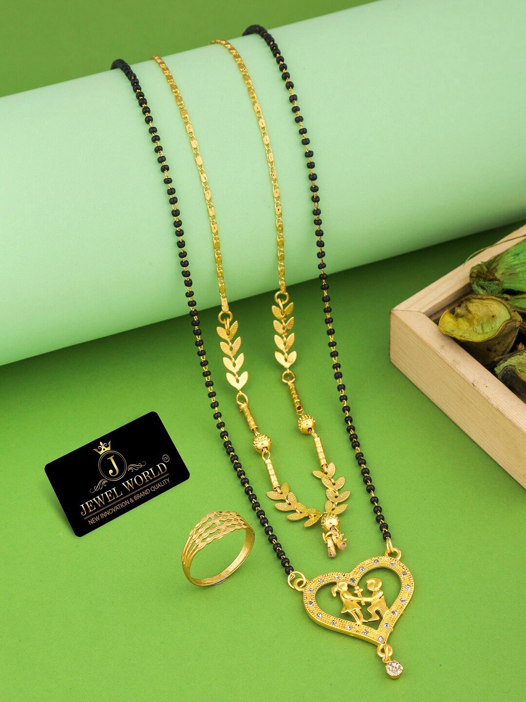 

JEWEL WORLD Set Of 3 Gold-Plated Stone Studded & Beaded Mangalsutra With Ring